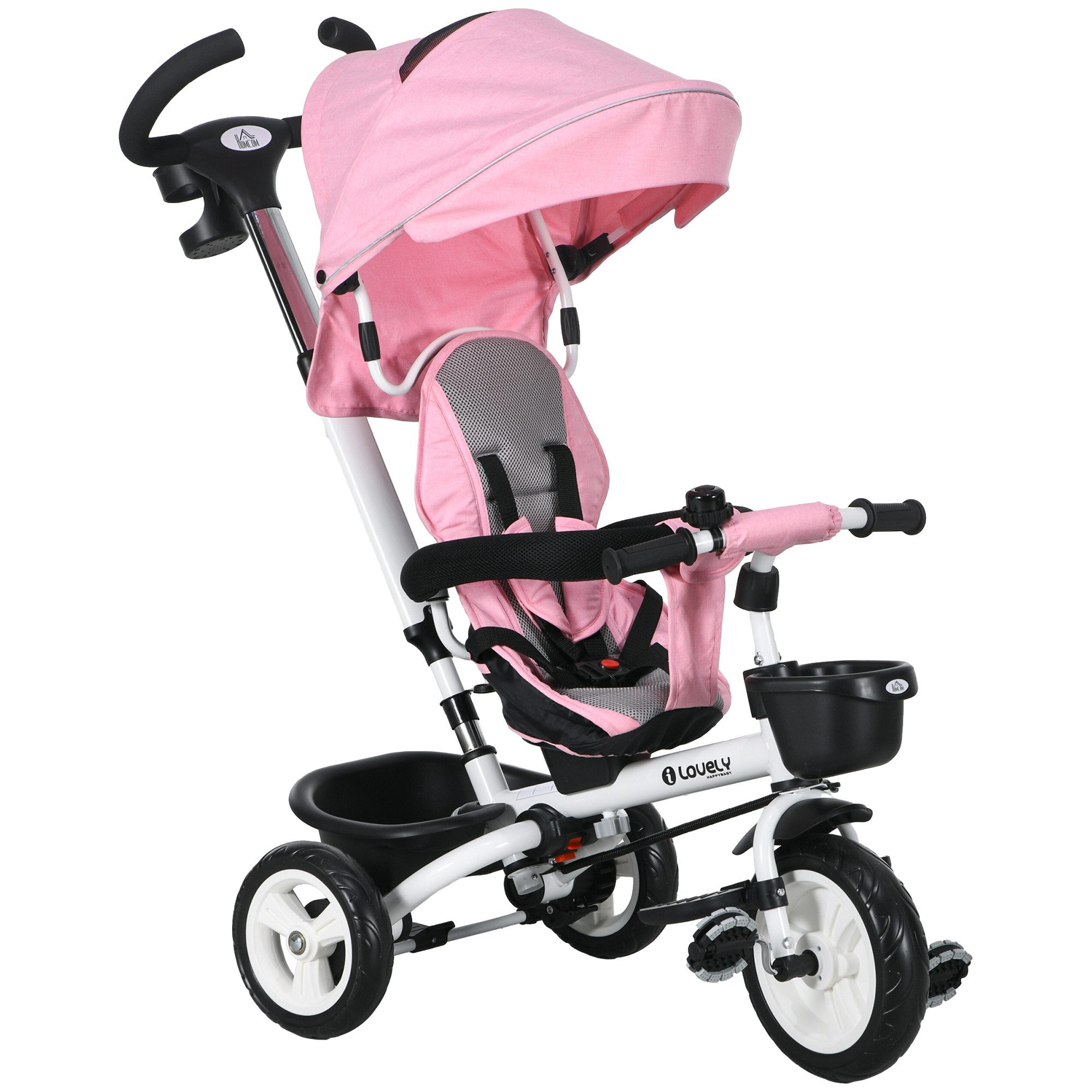 HOMCOM Dreirad Kinderdreirad mit Sicherheitsgurt, Schubstange, für 1-5 Jahre Kinder, Rosa