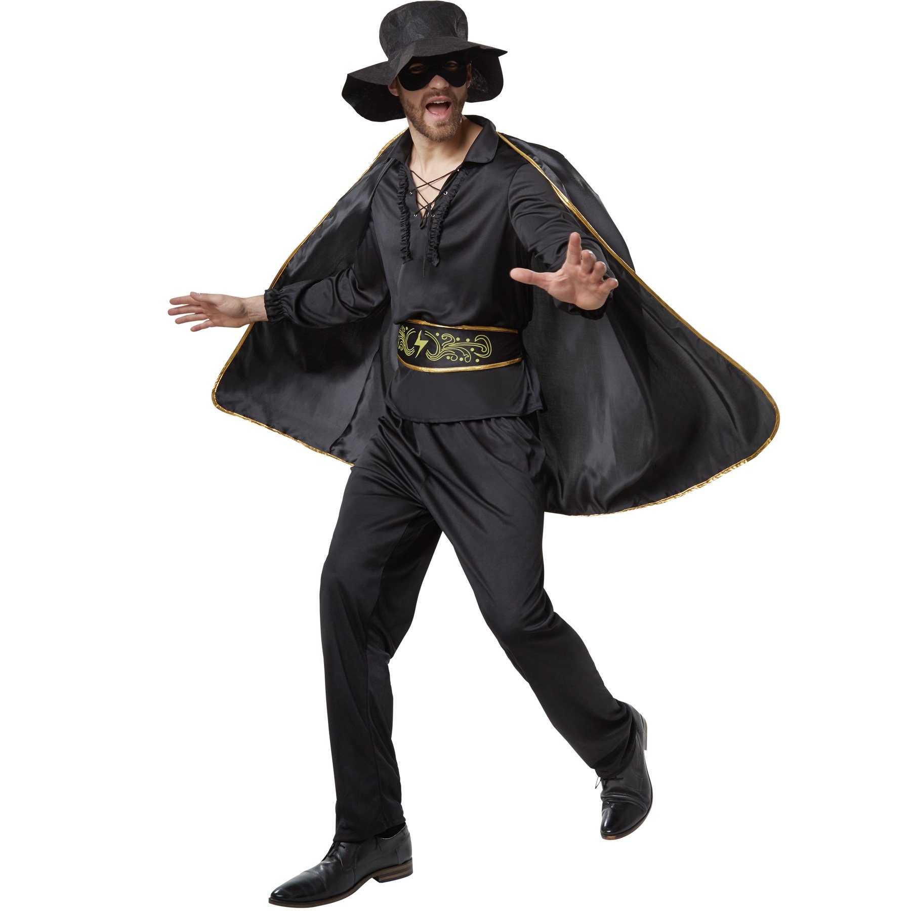 dressforfun Kostüm Held/Kämpfer, in schwarz, Gr. S, Lange Hose mit Kummerbund bindbar, Inkl. Cape, Maske und Hut, Kragen mit Schnürung und Rüschenmuster