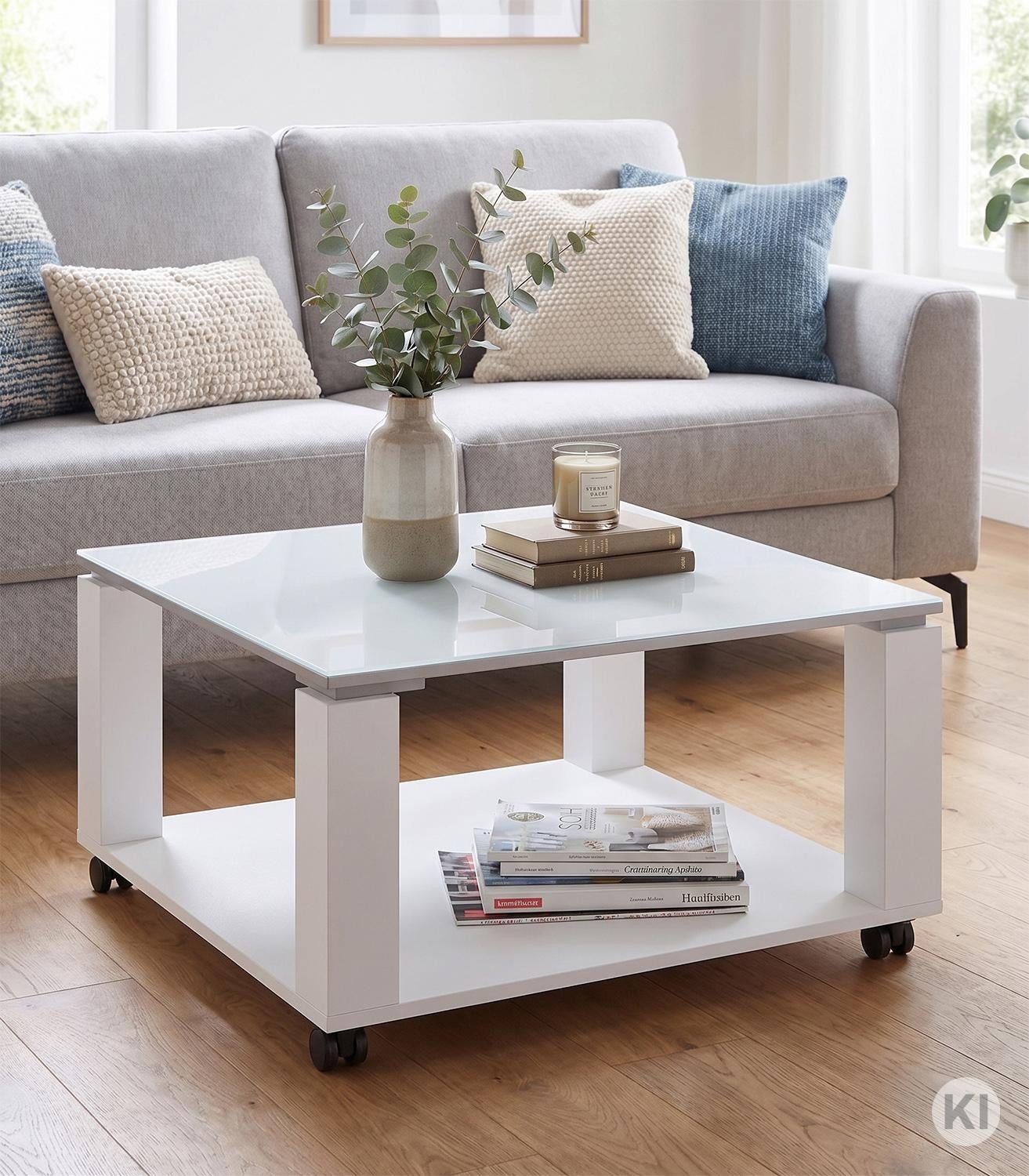 Couchtisch ROMY, B 76 cm x T 76 cm, Weiß Hochglanz, mit Rollen