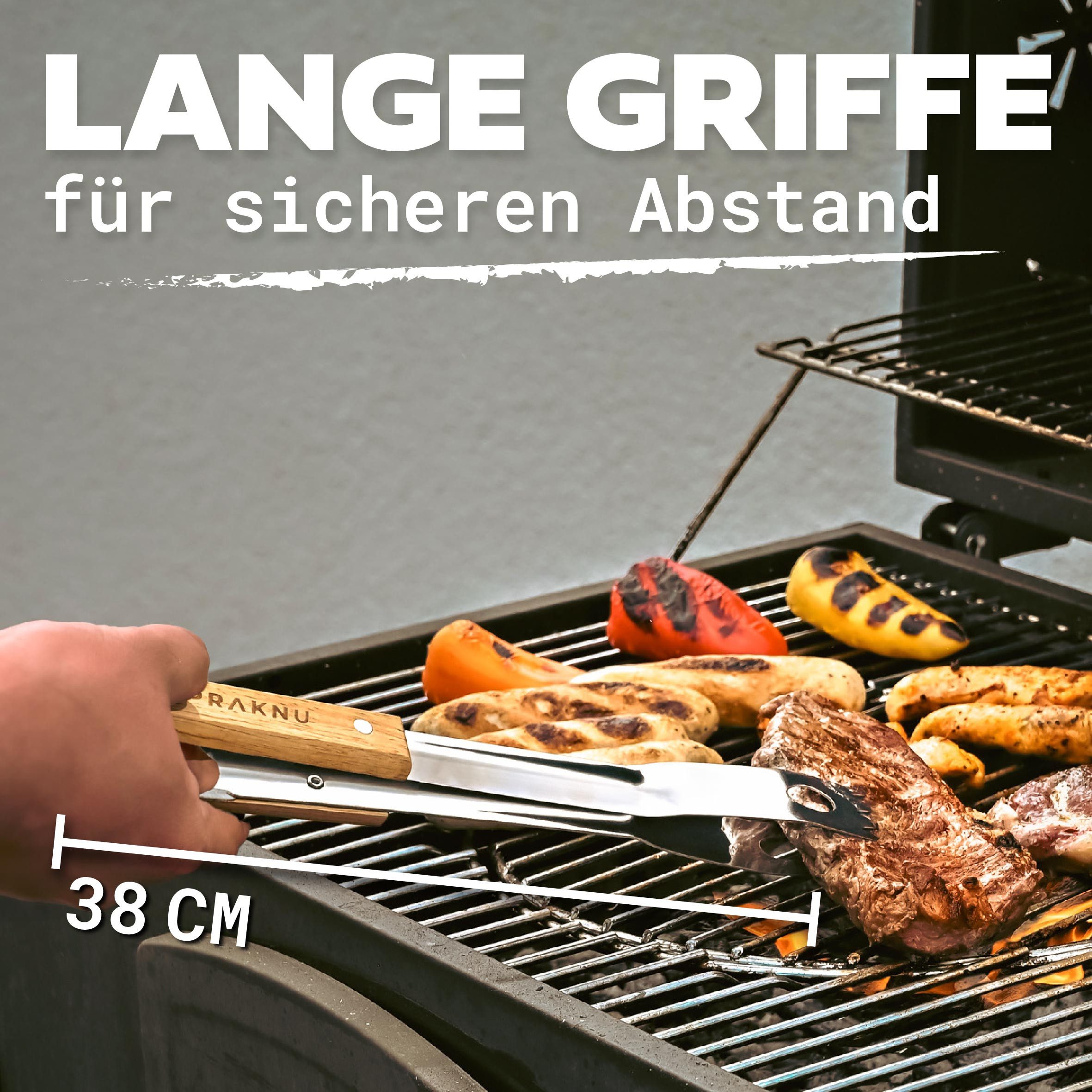 Praknu Grillbesteck-Set mit Holzgriffen und Tragetasche - Hitzebeständig, Rostfrei und Robust, (4-teiliges Set, 4 tlg., 1x Grillzange, Grillwender, Grillgabel, Grillbürste, Tragetasche), Lange Griffe (38cm), Spülmaschinenfest, inkl. Aufbewahrungstasche