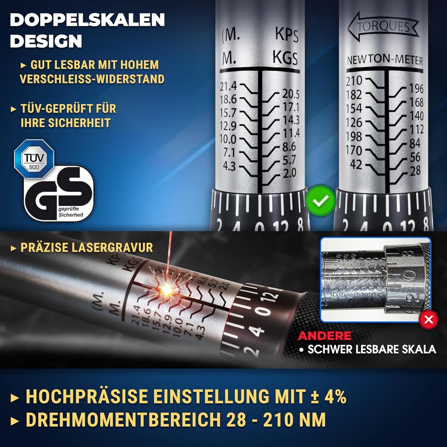 S&R Drehmomentschlüssel Set 475mm, 1/2", 28-210 Nm, aus Chrom-Vanadium; Umschaltbare Ratsche (Set, 5 St., + Verlängerung 125 mm, 3 Stecknüsse 17, 19, 21 mm), Reifenschlüsse fürs Auto, Fahrrad etc, TÜV geprüft GS bruchfeste Nüsse
