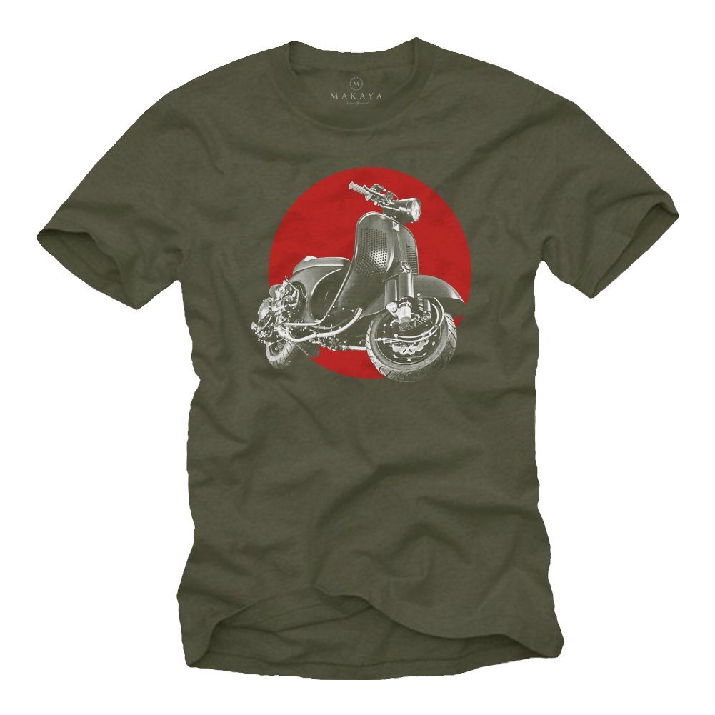 MAKAYA T-Shirt Herren Vintage Roller Motiv Italia Racing Scooter Hippie Style mit Druck, aus Baumwolle Grün