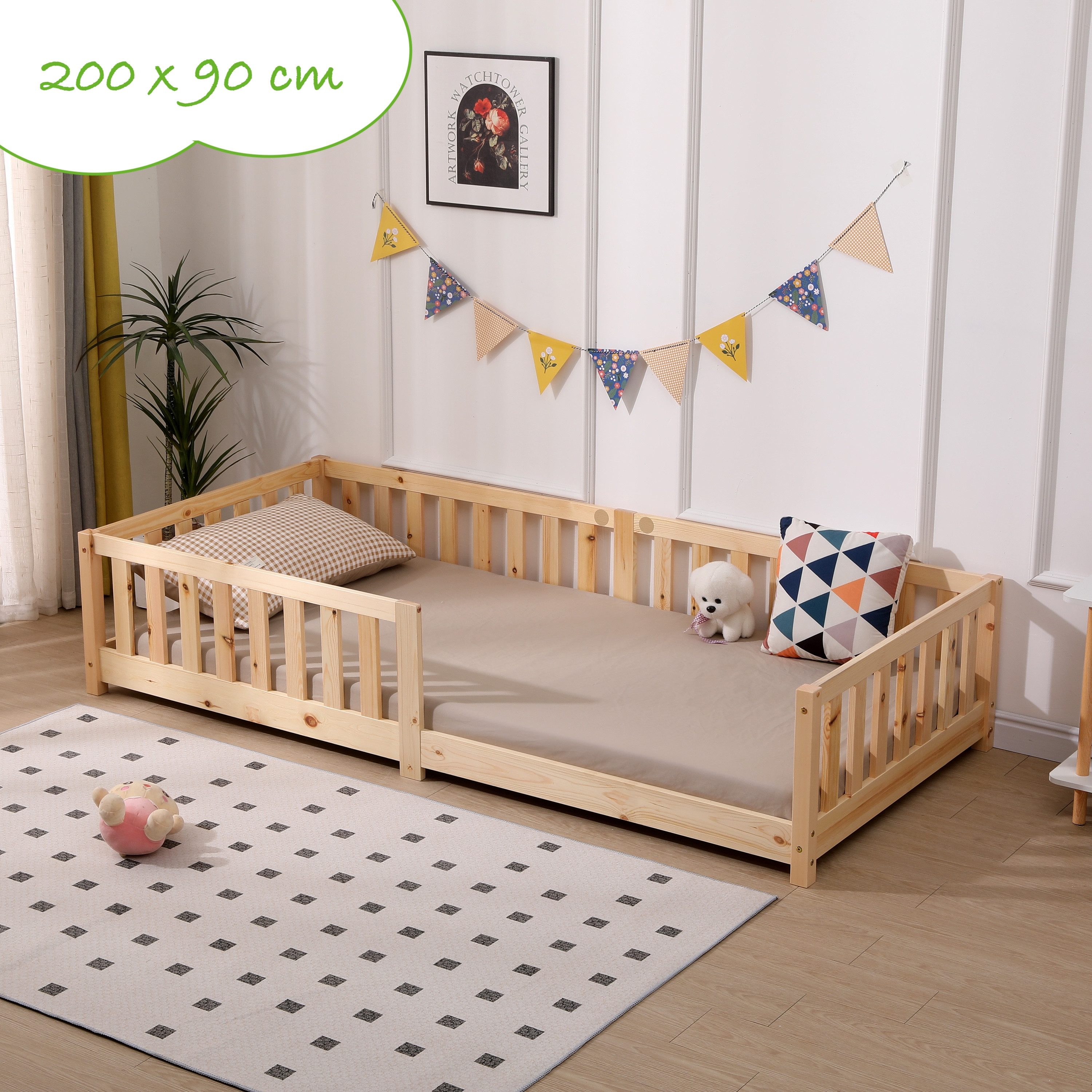 ecoMI Kinderbett mit Rausfallschutz inkl. Lattenrost, 90x200 & 80x160, Weiß & Natur, mit Rausfallschutz inkl. Lattenrost, 90x200 & 80x160, Weiß & Natur