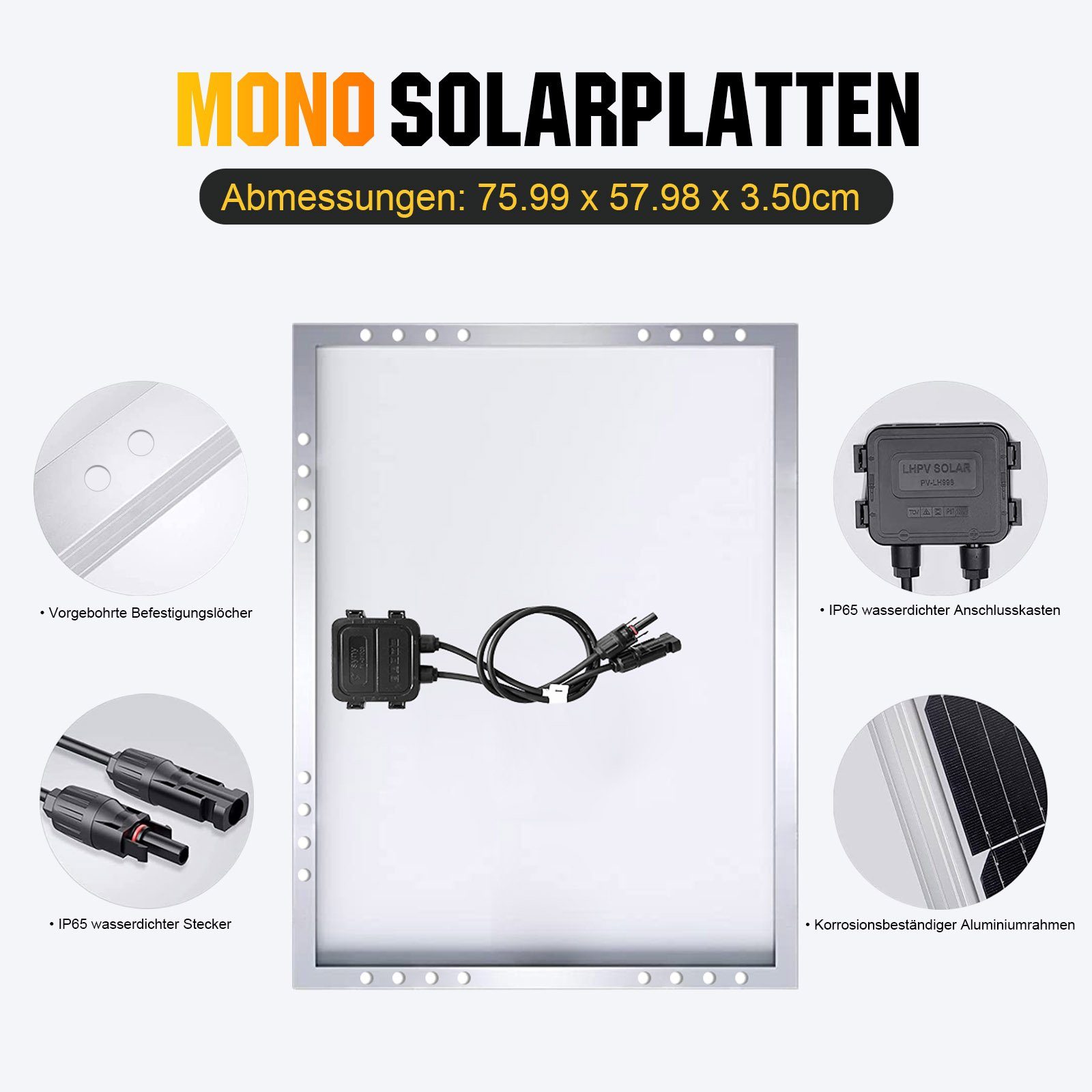 GLIESE Solarmodul Monokristallin Soalrpanel 12 V für Balkonkraftwerke Wohnmobile, 100 W, Monokristallin, (packung, 1-St., Solarpanel), IP65, Erweiterbar durch Serien- und Parallelschaltung