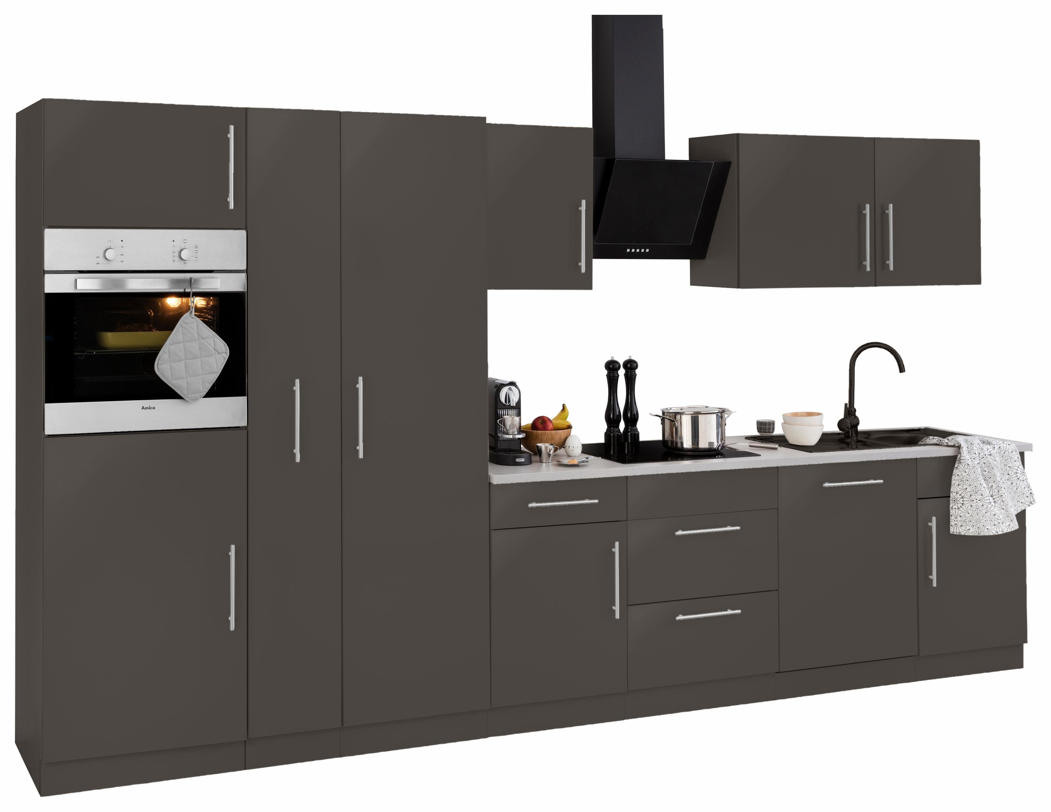 wiho Küchen Küchenzeile Cali, mit E-Geräten, Breite 360 cm mit Metallgriffen Front: Anthrazit Glanz, Korpus: Anthrazit matt; Arbeitsplatte Playa Grau | Anthrazit