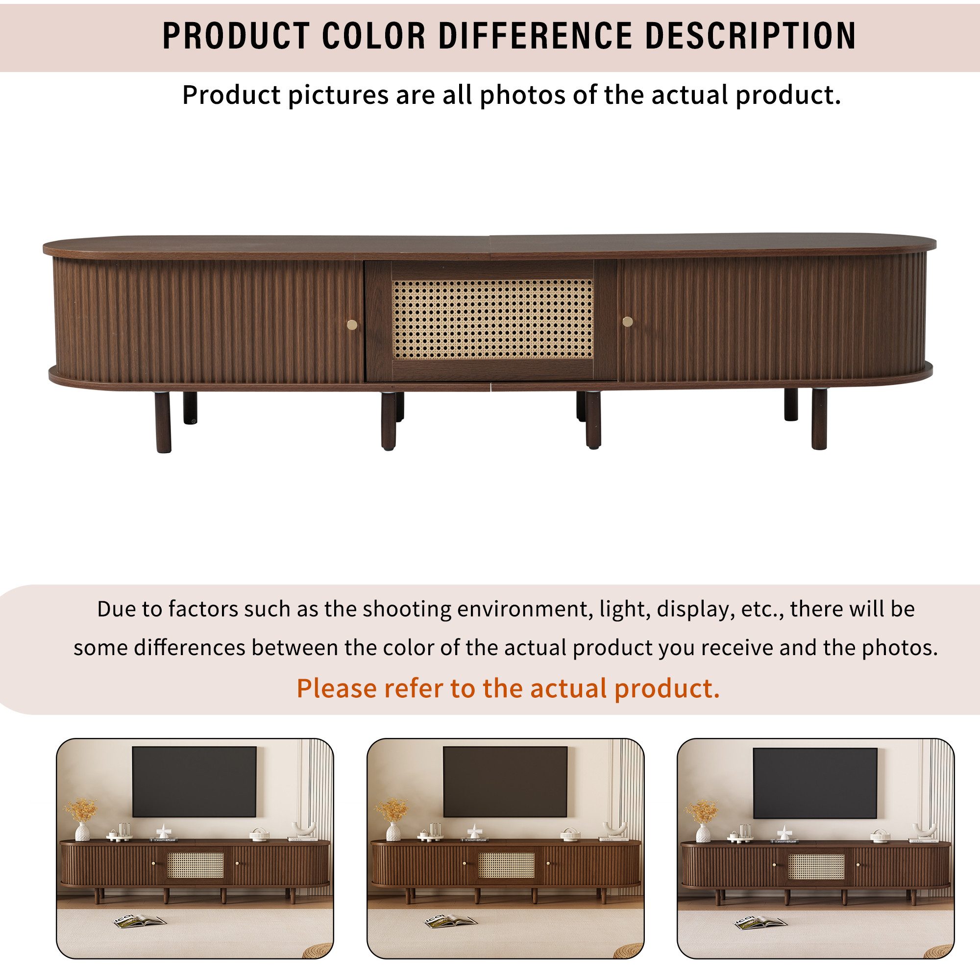 Merax Lowboard Ovaler TV-Schrank mit goldenen Griffen & Rattan-Design in Walnuss (1 St., 180x40x40 cm), TV-Lowboard mit Schublade Schiebetüren & verstellbaren Massivholzfüßen