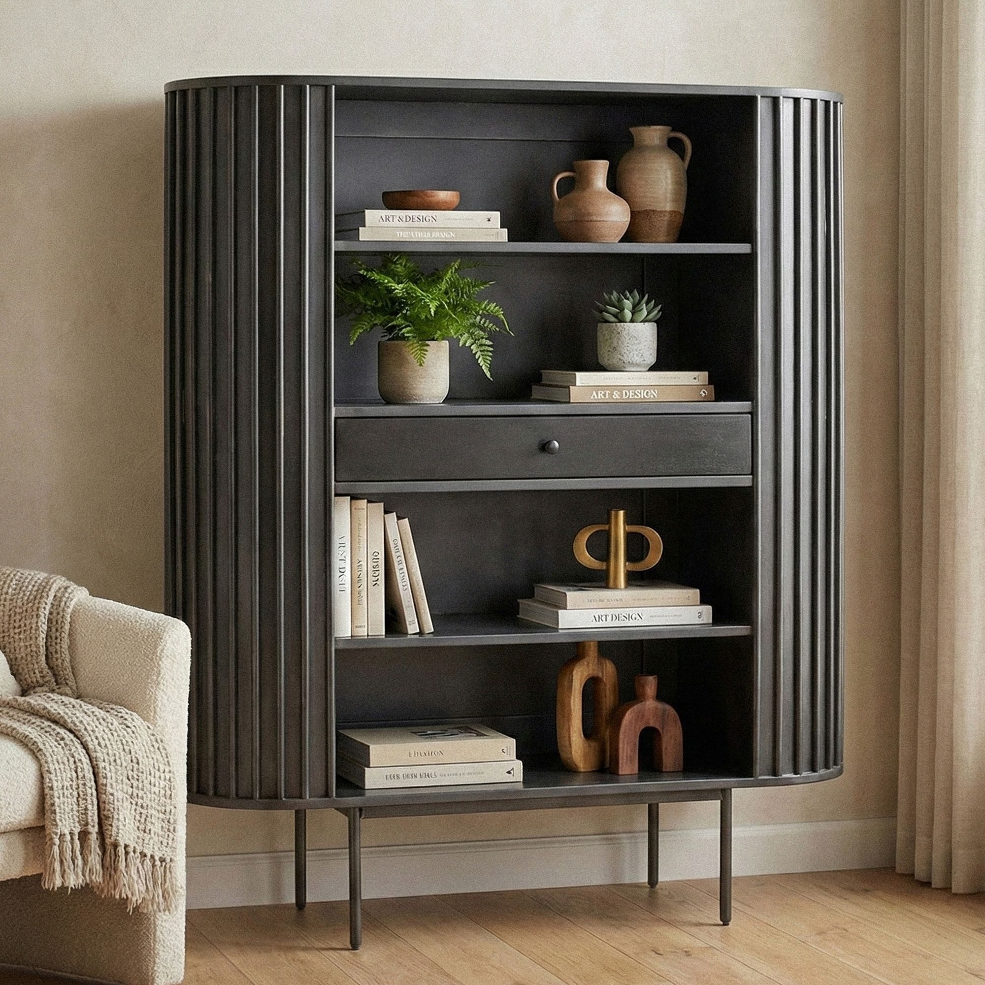 FINEBUY Bücherregal FB60541 Standregal Massivholz 105cm Wohnregal Standregal Stauraumregal, Funktionale Aufbewahrung im zeitlosen Look, Natürliches Möbelstück mit klarer Linienführung