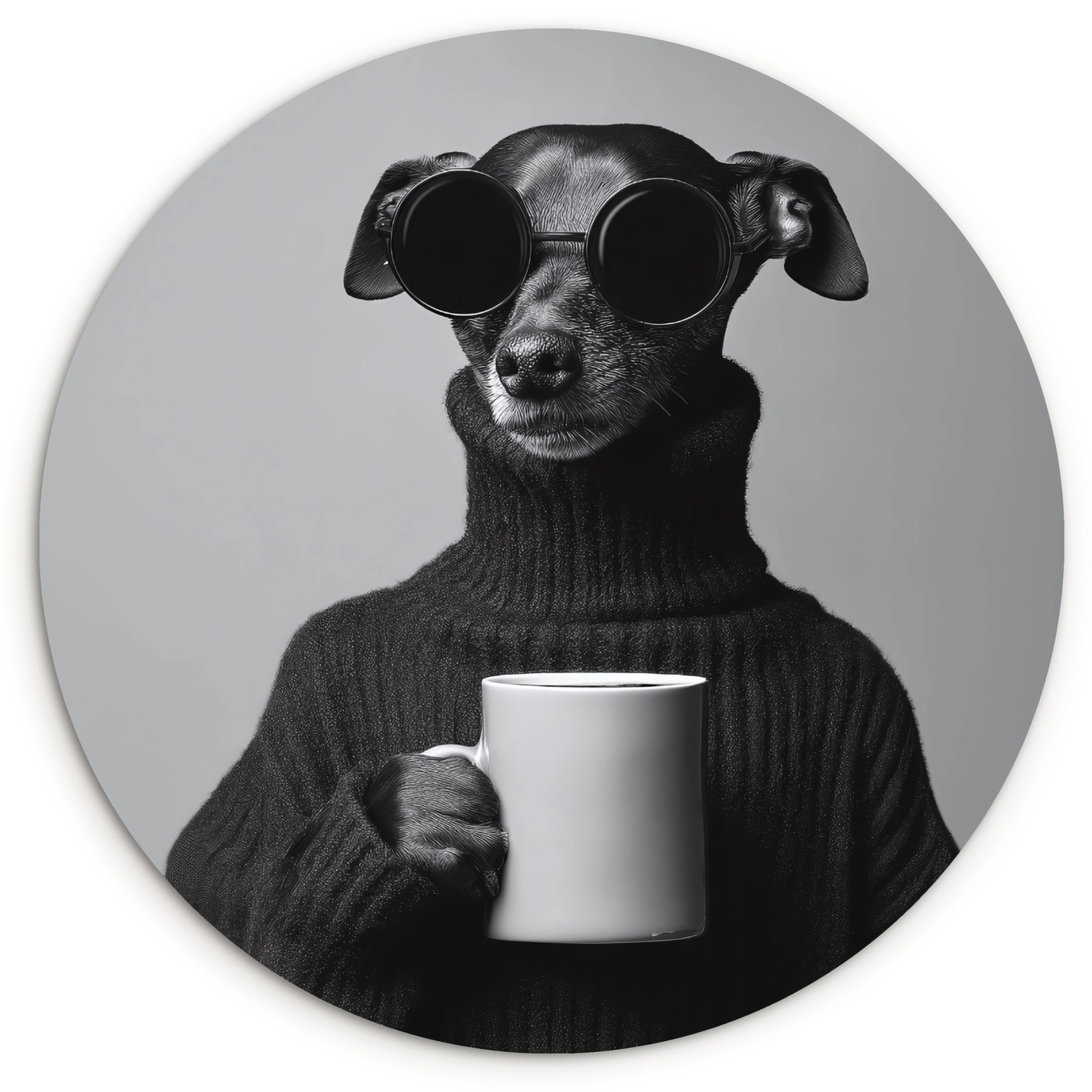 MuchoWow Gemälde Rollkragenpullover - Hund - Brille - Becher, Fotodruck (1 St), Kreis Wanddekoration, Rundes Wandbild, 30x30 cm