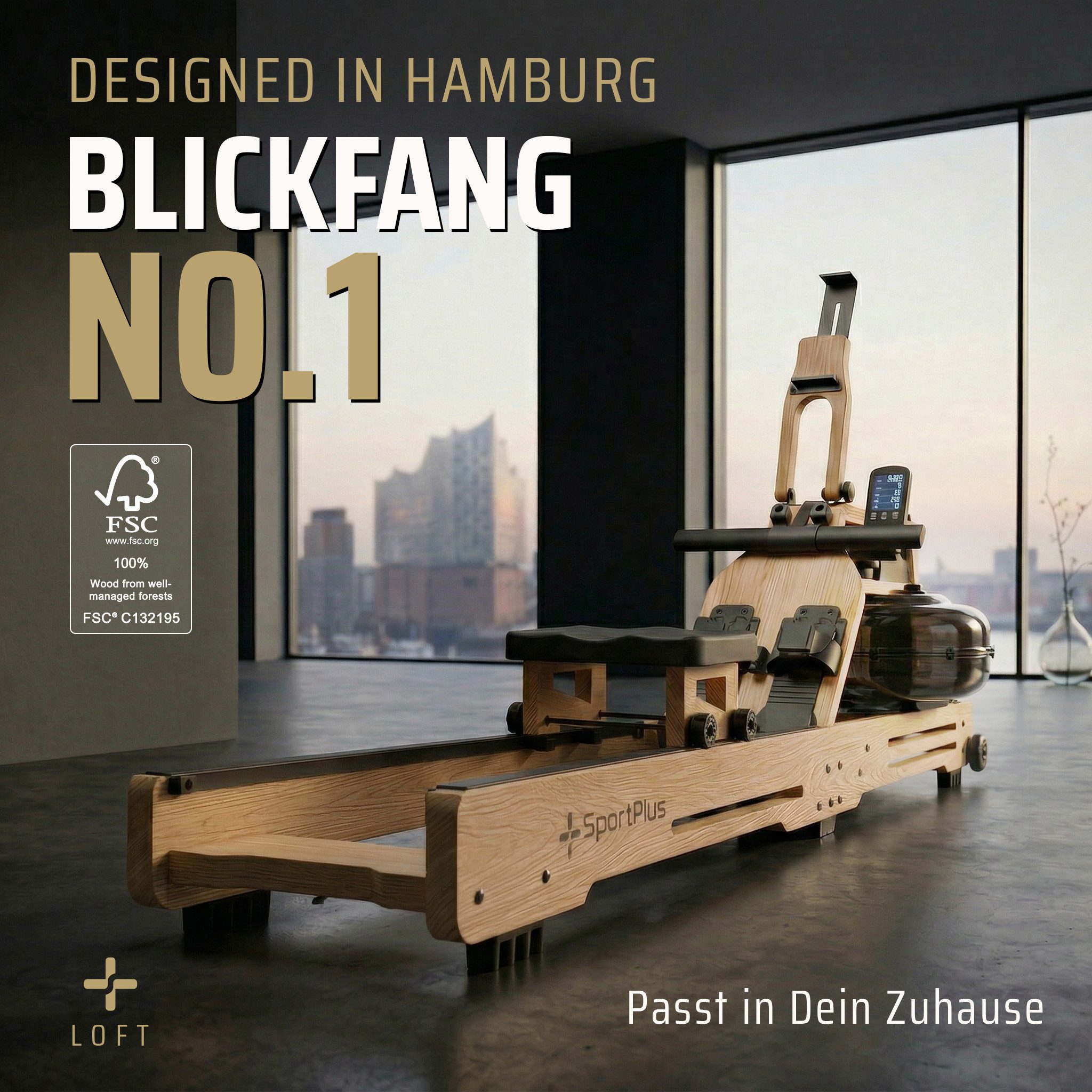 SportPlus Rudergerät für zuhause, Wasser, Holz Eiche, bis 180kg, App, Rudern, Fitness, Holz-Wasser-Rudergerät, aus Natur-Massivholz, FSC®-zertifiziert.