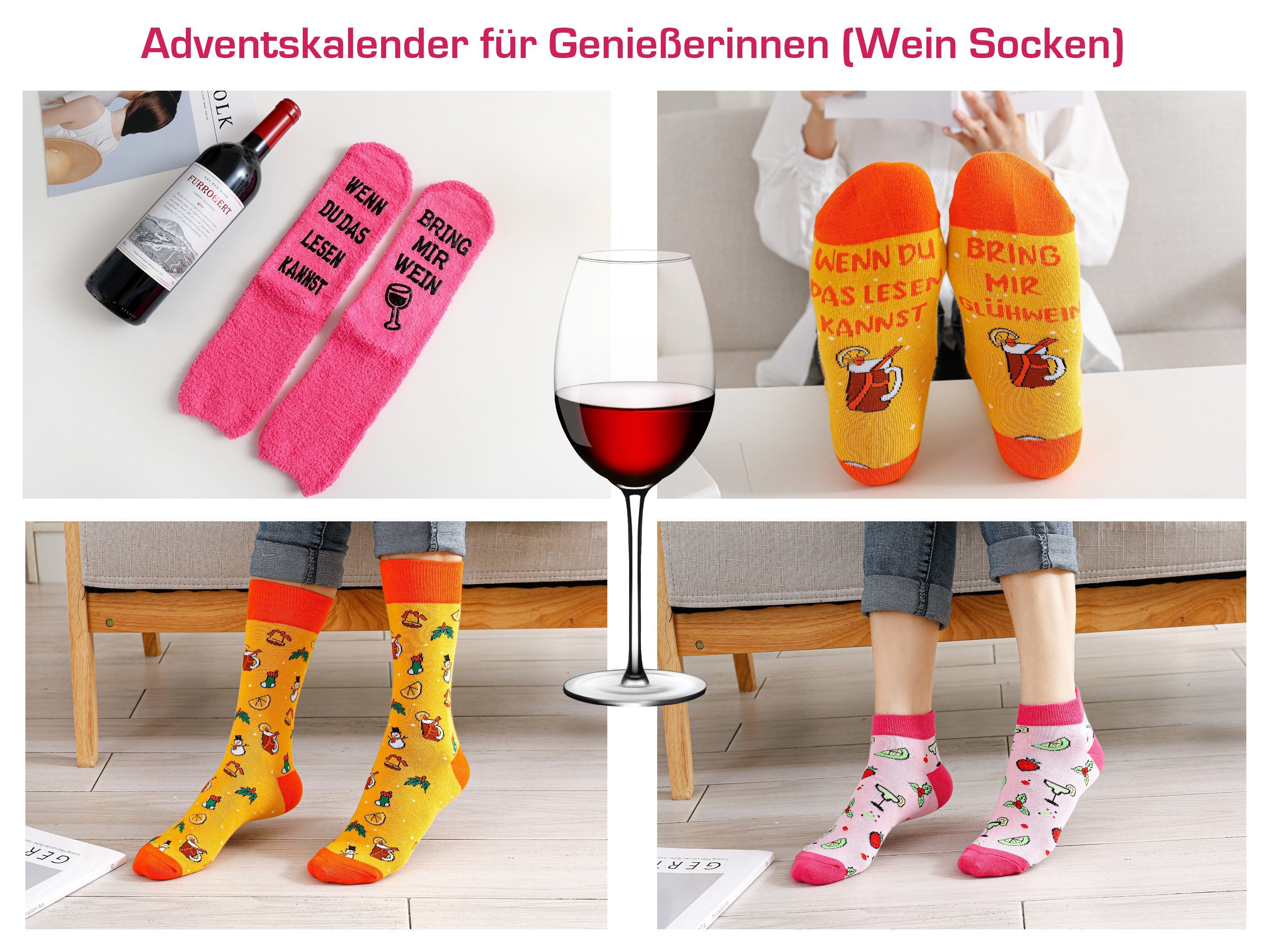 37-43, für Frauen, Adventskalender Sprüchen, Schlüsselanhänger mit Kuschelsocken Sprüchen, Essens-Motiv mit mit Gr. Baumwollsocken Socken Lucadeau