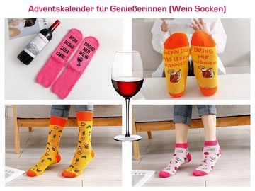 Lucadeau Adventskalender für Frauen, Kuschelsocken Baumwollsocken mit Sprüchen, Gr. 37-43, Socken mit Sprüchen, Schlüsselanhänger mit Essens-Motiv