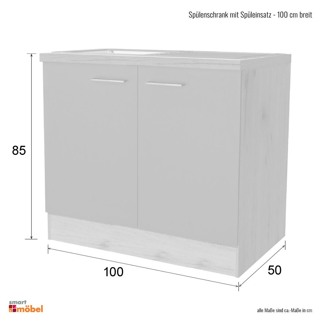 Flex-Well Spülenunterschrank Spülenunterschrank mit Edelstahlauflage 100 cm Weiß Rapido
