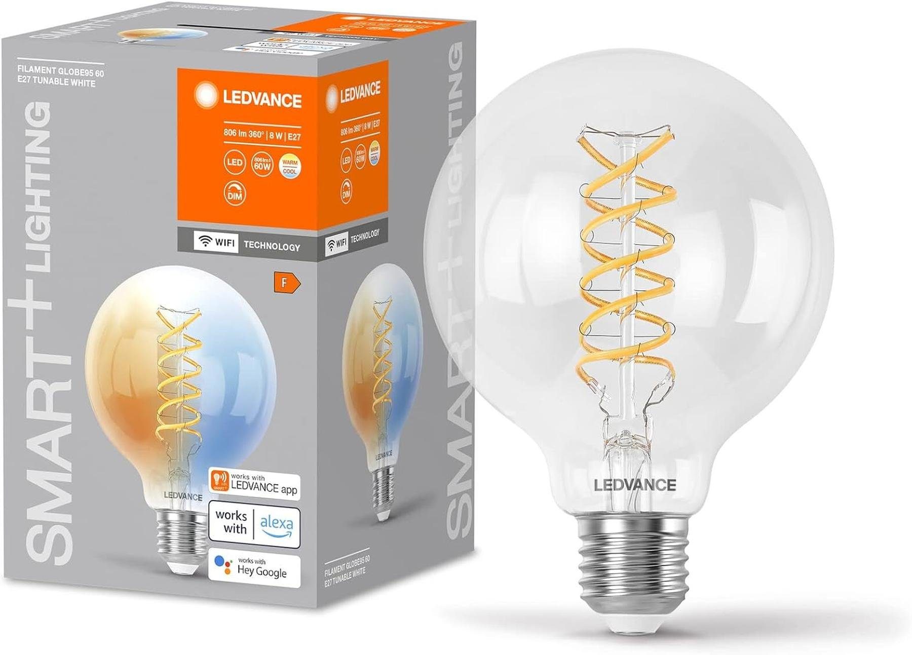 Ledvance LED-Leuchtmittel LEDVANCE SMART+ WIFI LED-Lampe, Weißglas, 8W, 806lm, Kugel-Form mit 95