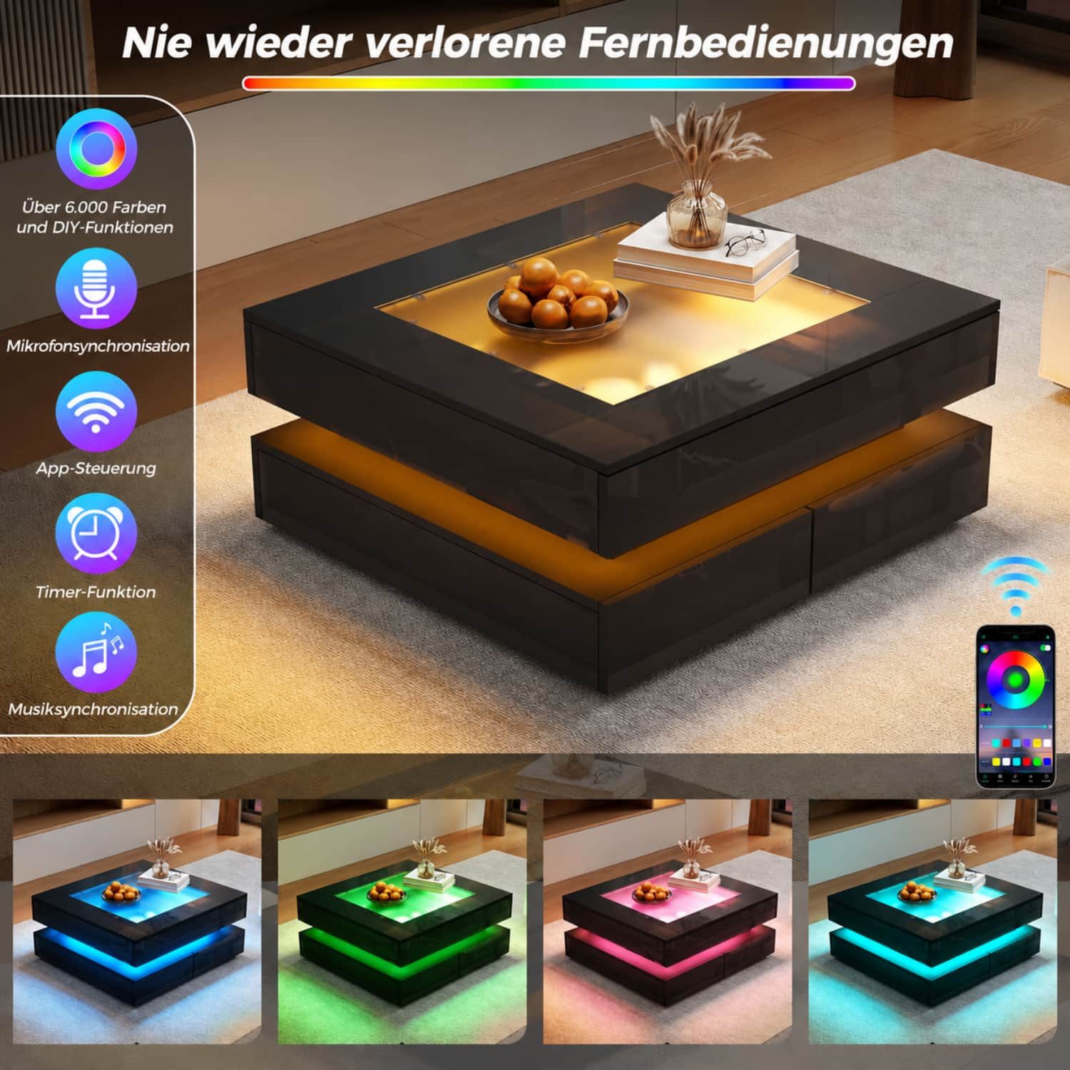 ANYSUN Couchtisch Hochglanz Sofatisch mit 3 Schubladen,Rundum-LED-Beleuchtung,Glasplatte (1 Beistelltisch für Wohnzimmer,Schwarz,Belastbarkeit bis 30 kg), Quadr – Bild 4 von 5