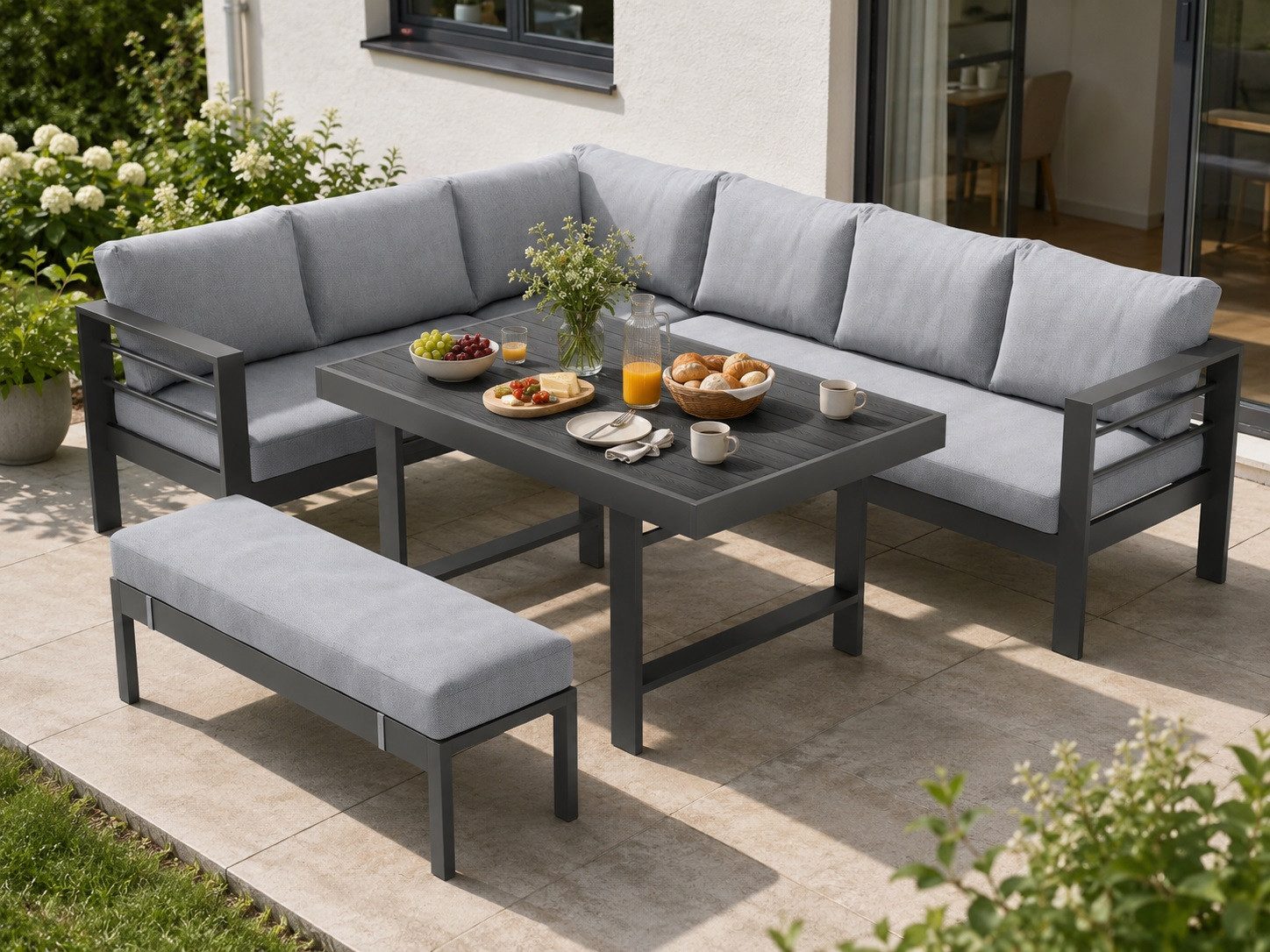 MeXo Gartenlounge-Set Outdoor Gartenmöbel Lounge-Set für 6-8 Personen, (Aluminium-Ecklounge, linke Ecke, 5-tlg., wetterfest & pflegeleicht), großer Esstisch 130×80 cm, bis 140 kg belastbar je Sitz