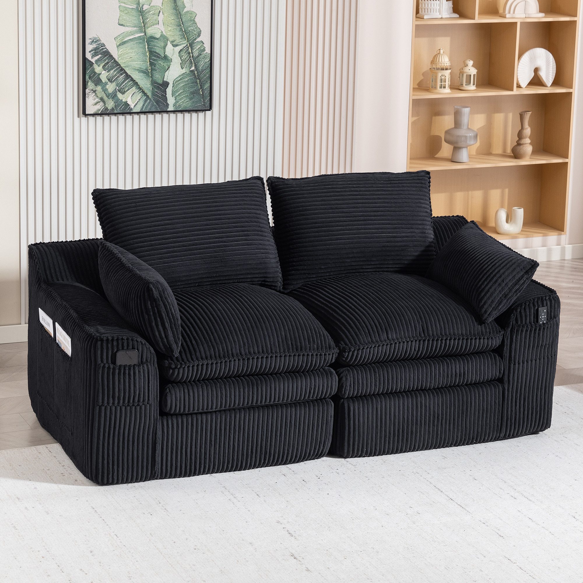 MODFU Sofa 2-Sitzer-Modulsofa aus Cord, mit Kissen, 2 unterschiedlich großen Seitentaschen und 3-lagigem Schaumstoff plus Federkern für schnelles Zurückfedern, Loungesofa