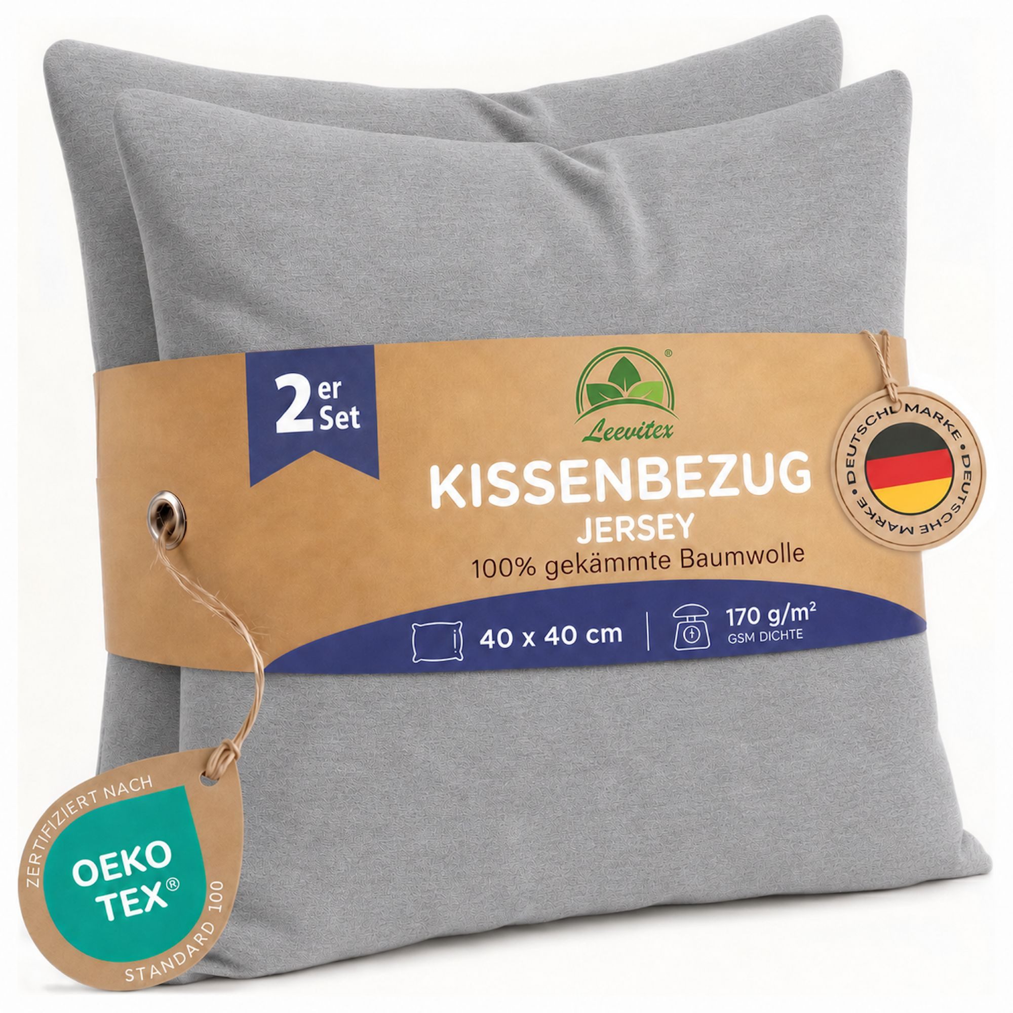 leevitex® Kissenbezüge Kissenbezug 40 x 40 cm, 2er Set, Grau, (2 Stück), feine Jersey-Qualität, 100% Baumwolle, robuster Reißverschluss