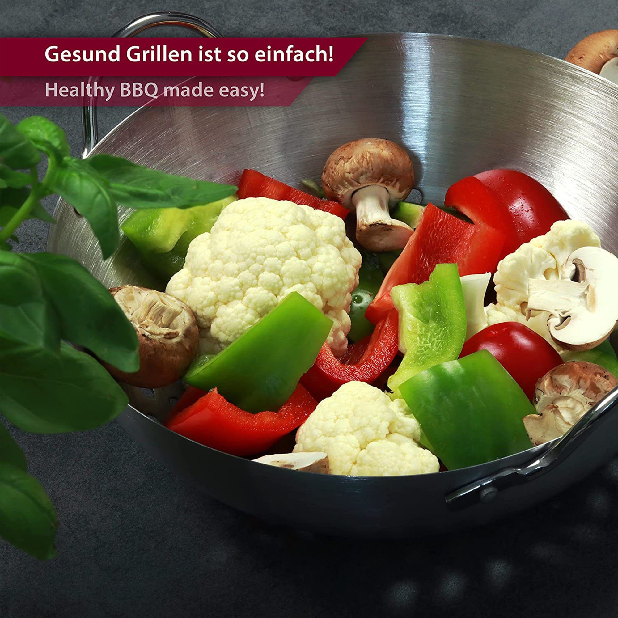 - Grillschale rund Edelstahl natumo - & Gemüse 20cm ø rostfrei, Grillwok Grillkorb für