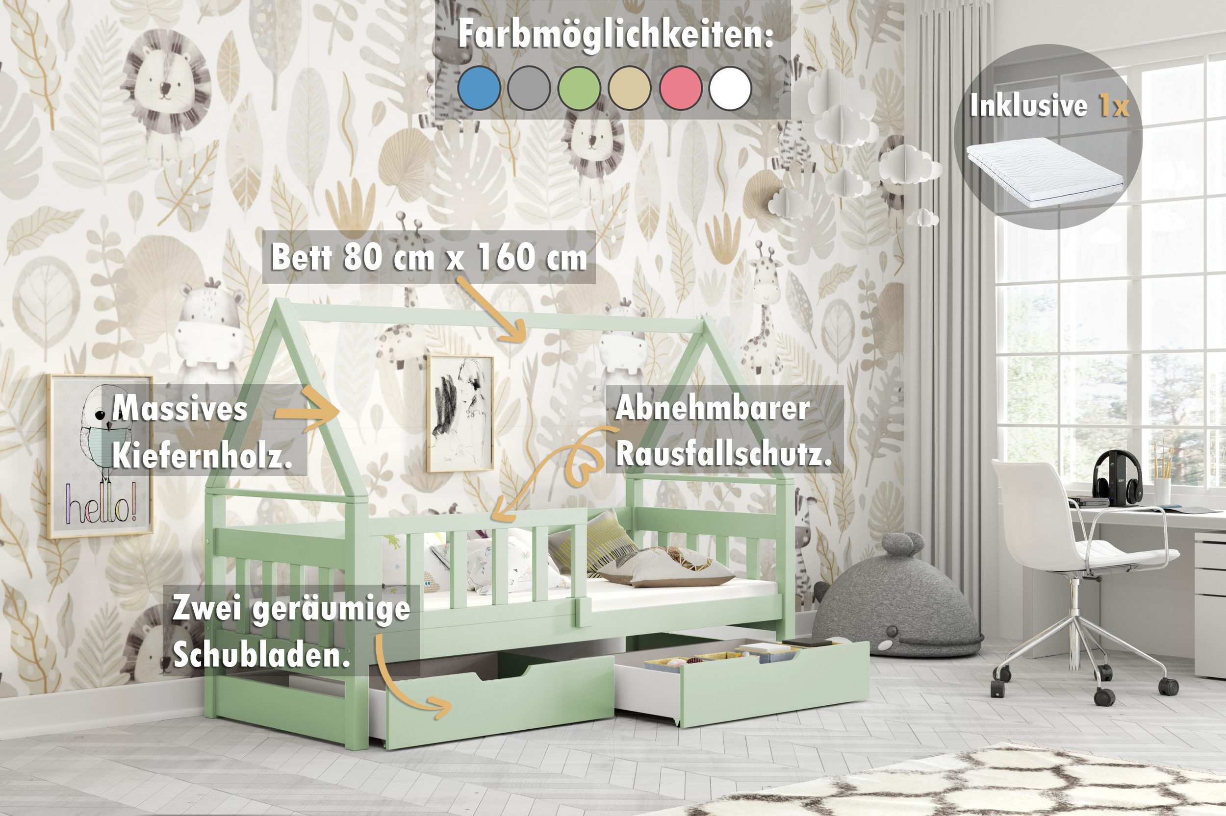 thematys Kinderbett mit Rausfallschutz und Ausziehbett günstig online kaufen