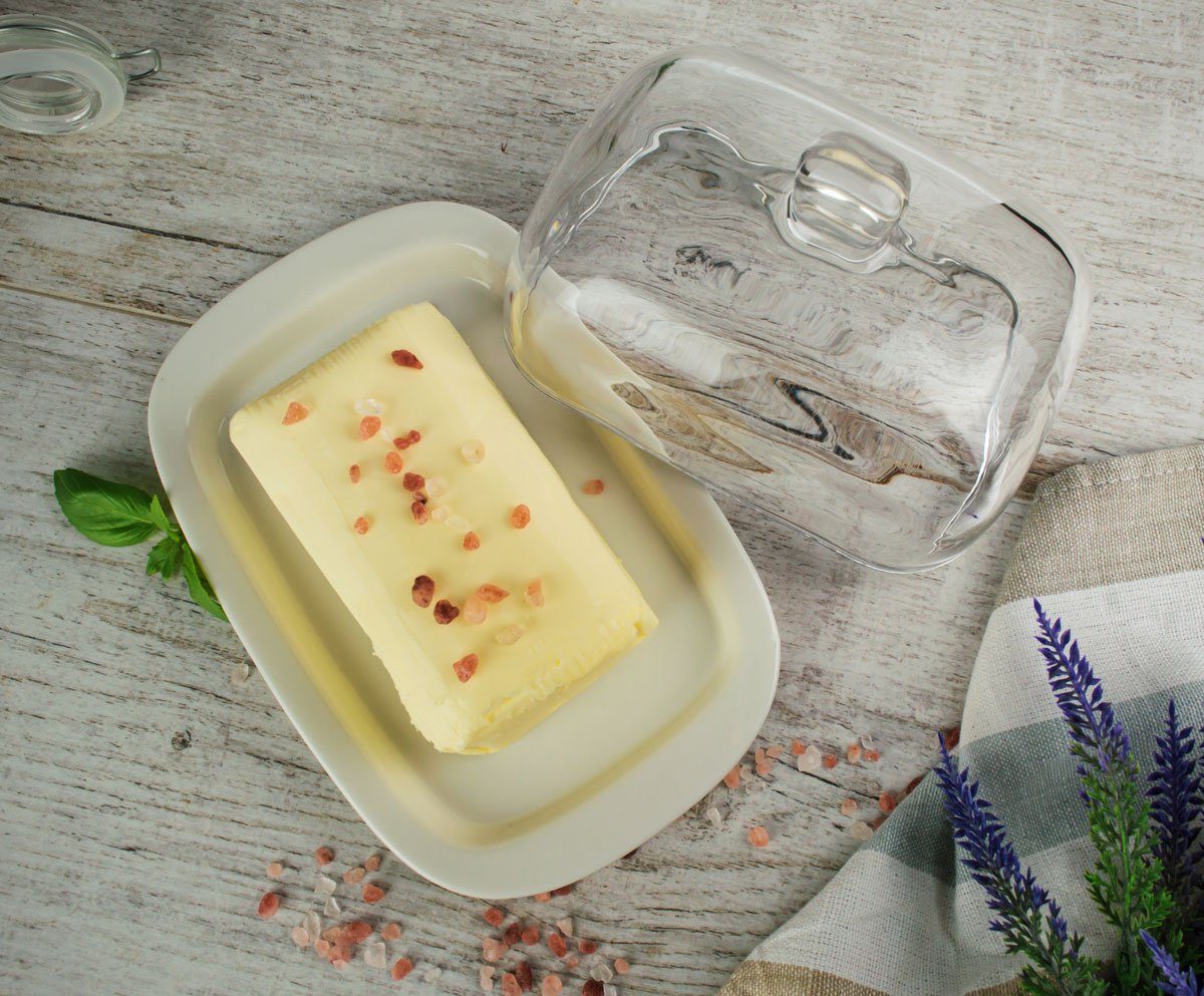 Sendez Butterdose auf Porzellanteller Butterglocke Butterschale Kühlschrankbutterdose
