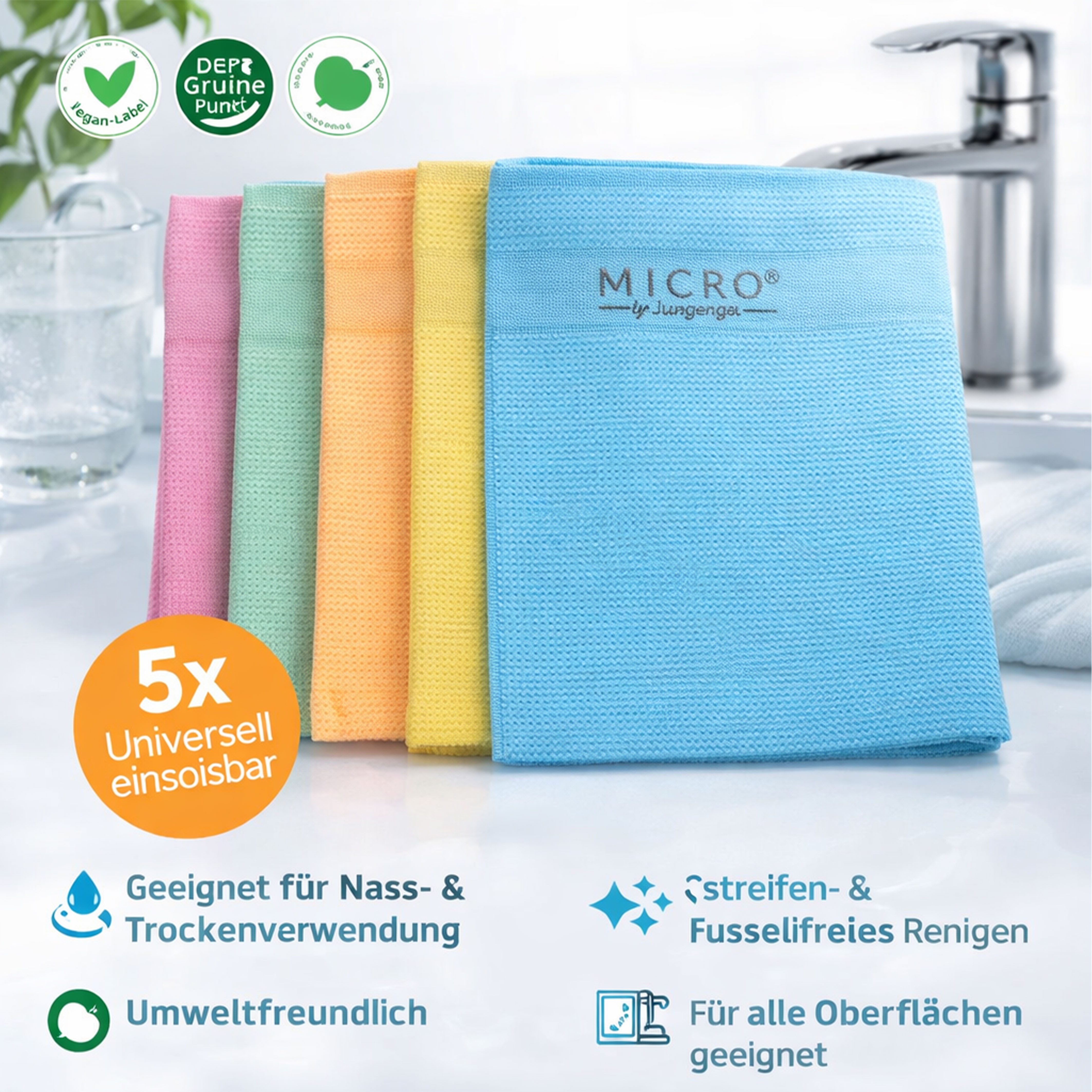 Micro by Jungengel Premium Reinigungstücher Geschirrtücher Allzwecktücher Mikrofasertuch Mikrofasertuch (20% Polyamide&80% Polyester, 42x68 cm, 5-tlg., Vegan-Label, Extrem saugfähig, Streifen- & fusselfreies Reinigen)