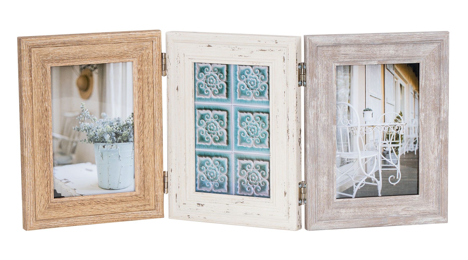 Levandeo® Bilderrahmen, Fotoaufsteller 3 Fotos 10x15 MDF Holz Natur Shabby Chic Vintage