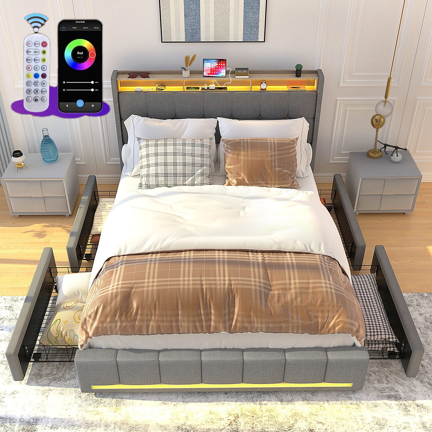 oyajia Polsterbett LED Doppelbett 140x200 cm günstig online kaufen