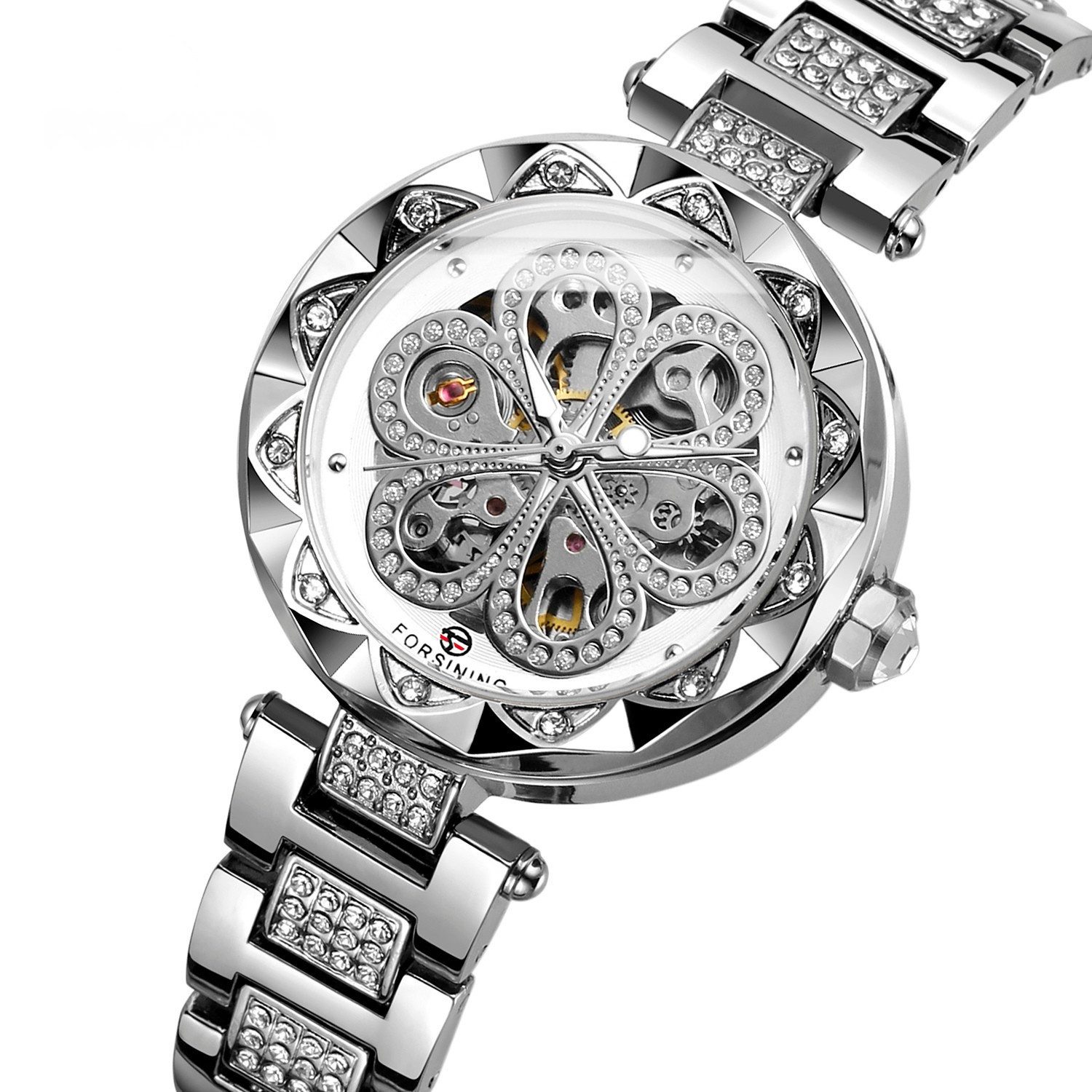 Rötting Design Automatikuhr Damenuhr Marke Forsining Rhinestone Besatz silberfarbenes Design, Handgelenkumfang 16 bis 20 cm wählbar