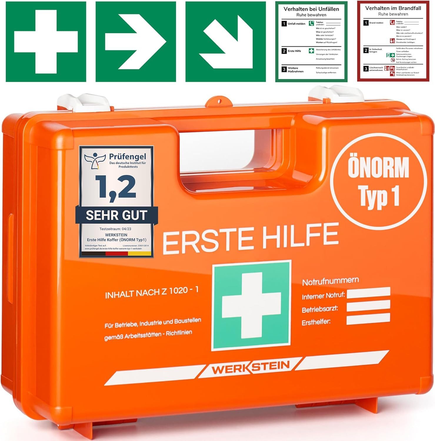 Werkstein Erste-Hilfe-Koffer ÖNORM Z1020 Typ1 - Verbandskasten inkl. praktischer Wandhalterung, (5x Aufkleber, Gesichtsmasken, Feuchttücher & Plombe, 1 St), - Erste Hilfe Koffer für Betriebe, Einrichtungen & Zuhause