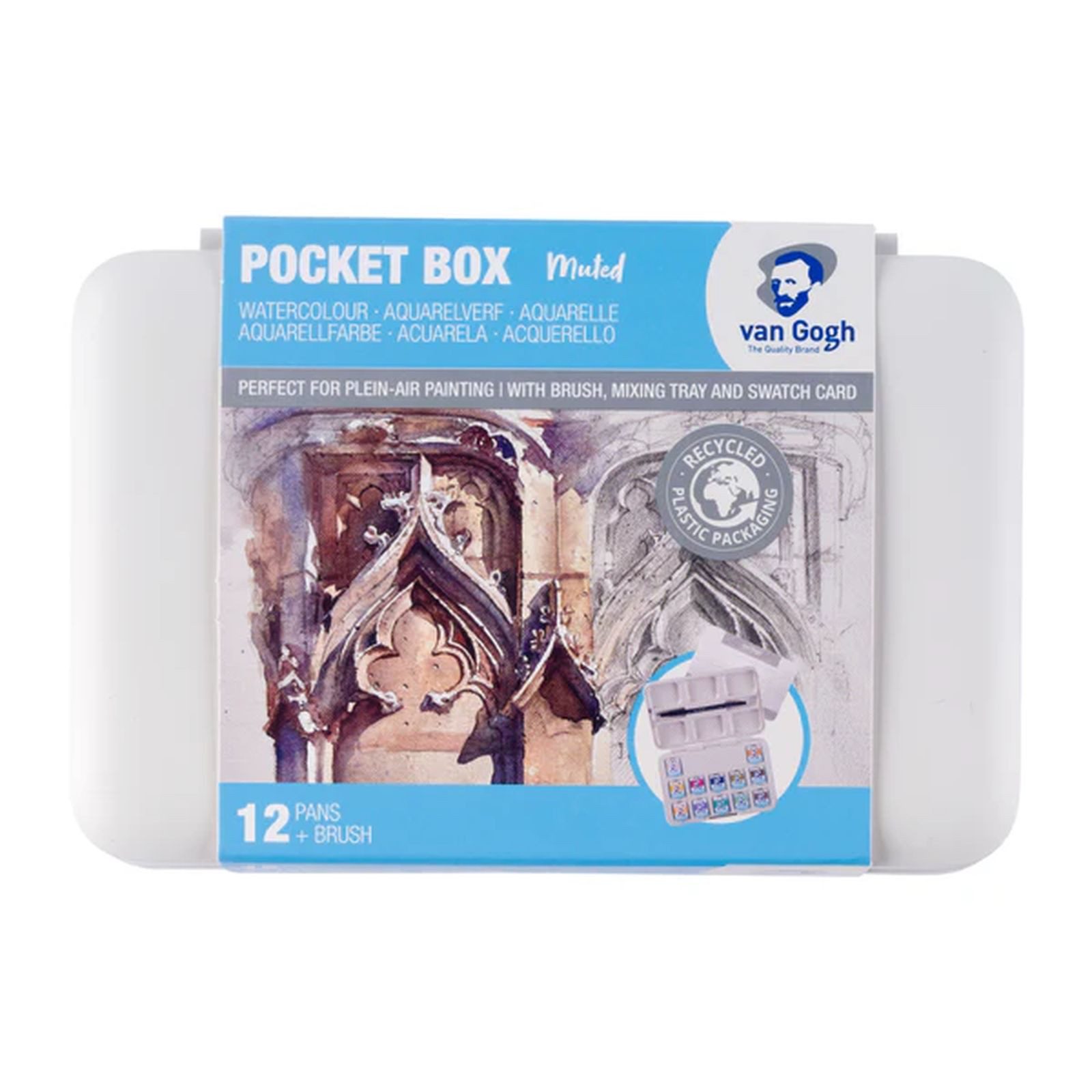 van Gogh Aquarellfarbe Pocket Box Aquarellfarbkasten mit 12 Farben in halbe Näpfchen, Muted Colours - Gedeckte Farben