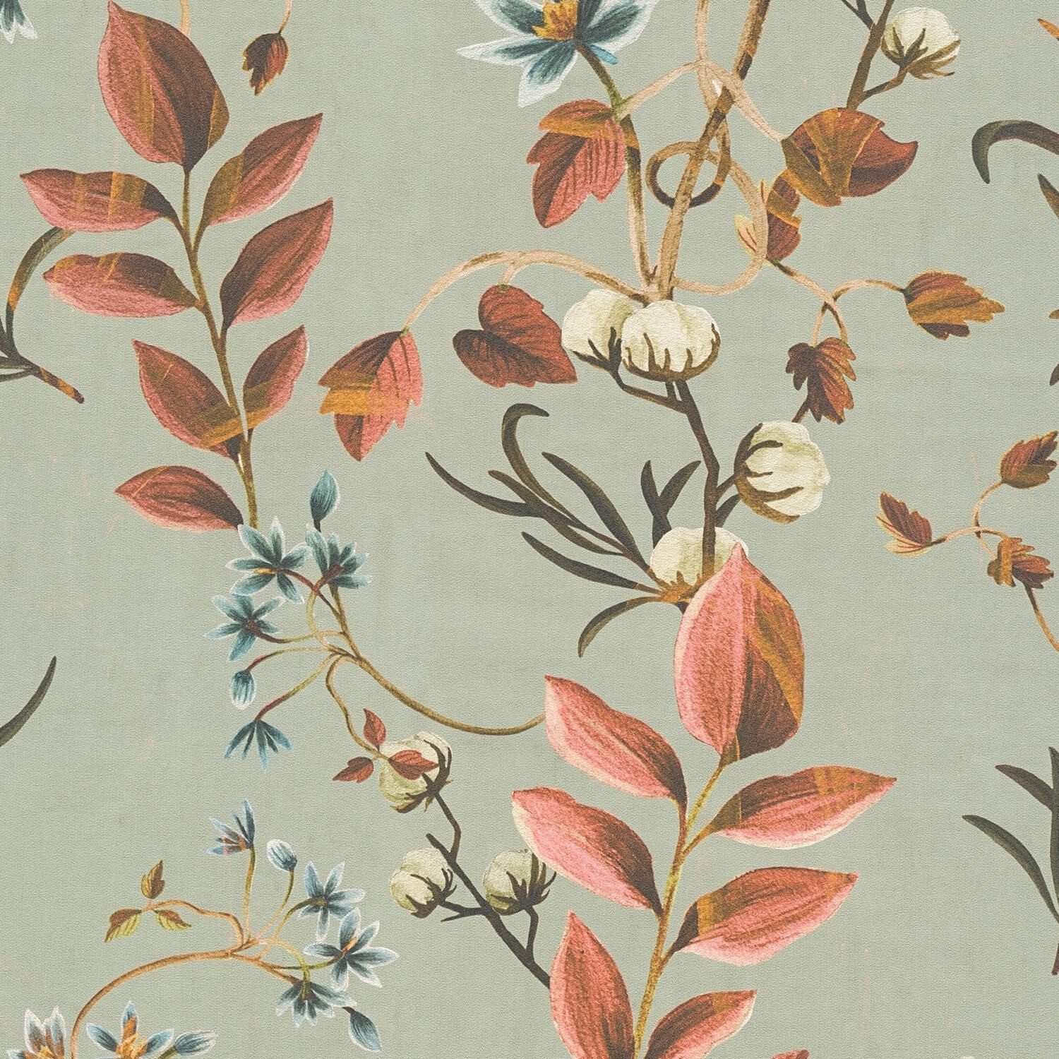 Profhome Vliestapete 782122-GU Blumen Tapete Floral matt oliv oliv-grau rot-braun, glatt, (1 Rolle, 5,33 qm), heißgeprägte Vliestapete, hellkhaki