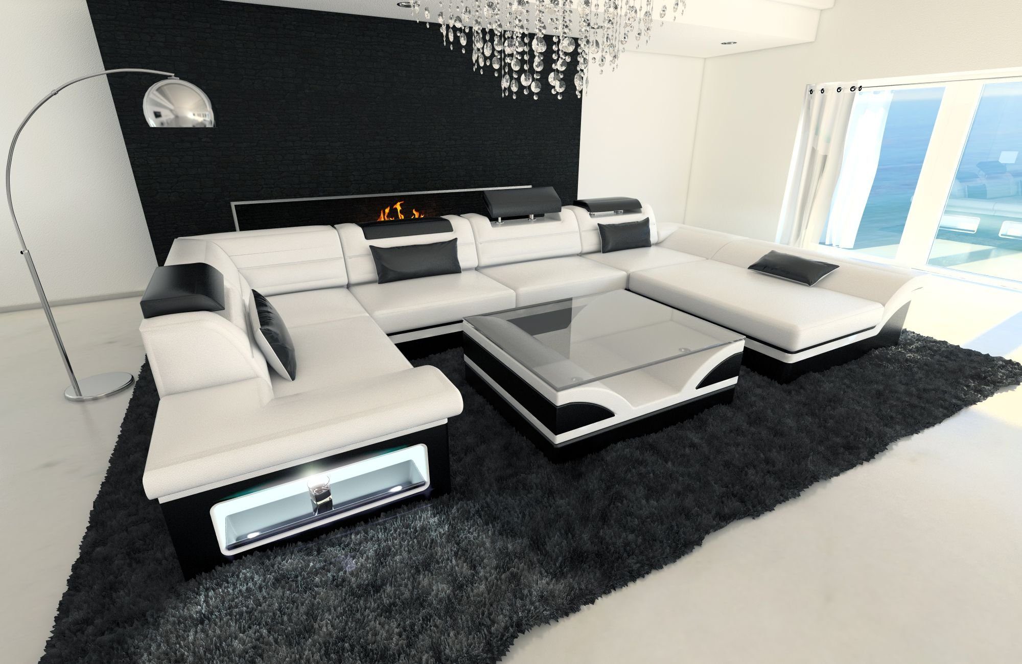 Couch, Enzo Sofa Dreams wahlweise Wohnlandschaft Sofa mit als Designersofa Ledersofa, Form U Leder Ledercouch Bettfunktion mit LED, Schlafsofa,