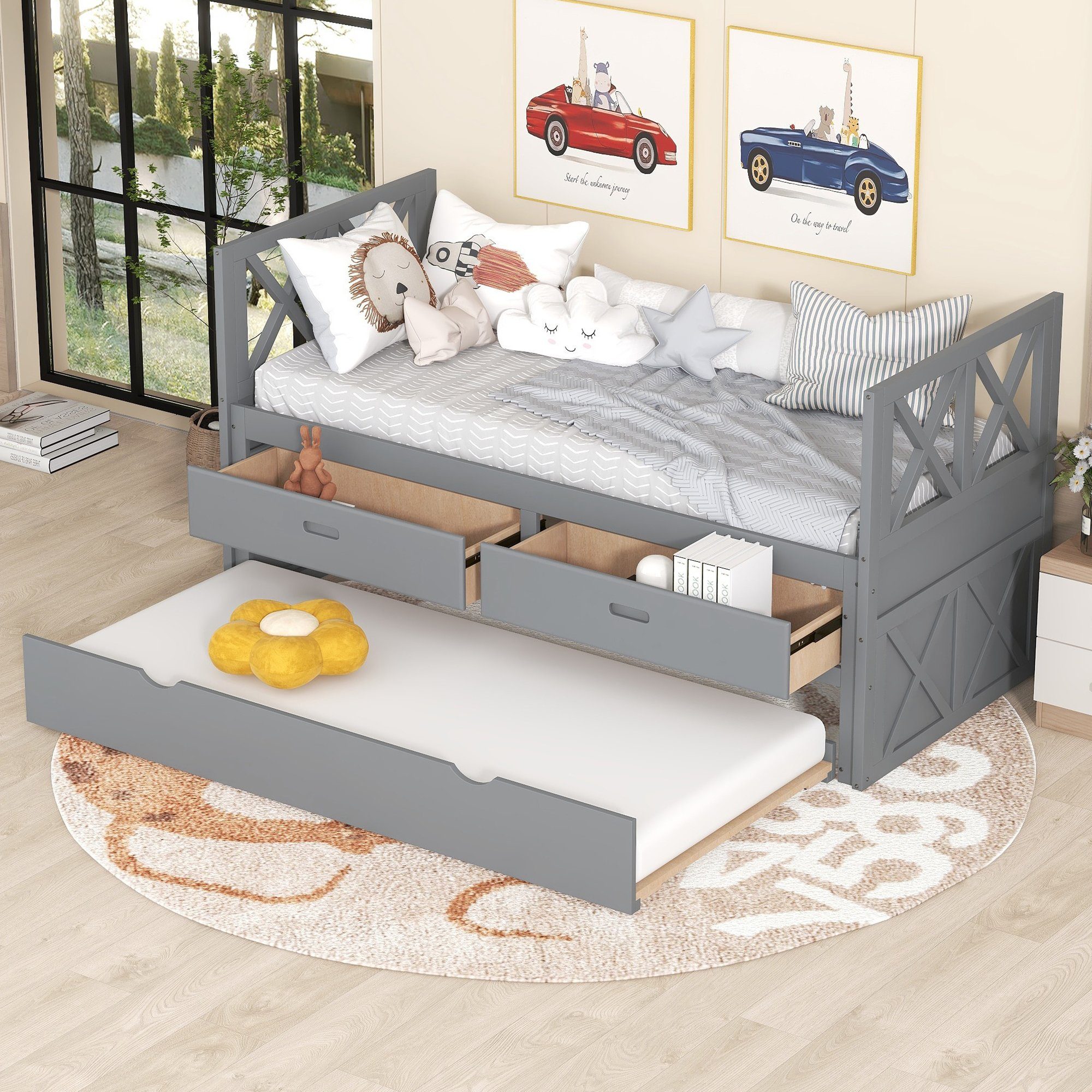 Celya Daybett Einzelgröße Multifunktionales Tagesbett Schubladen Trundle,  mit Schubladen und Trundle
