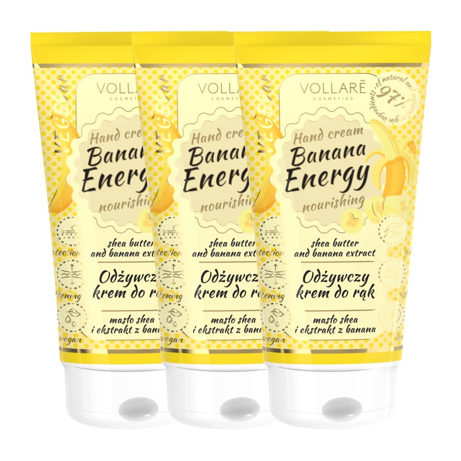 Vollarè Cosmetics Handcreme Pflegende mit Sheabutter und Bananenextrakt Vegan Bio Natural, 3-tlg.