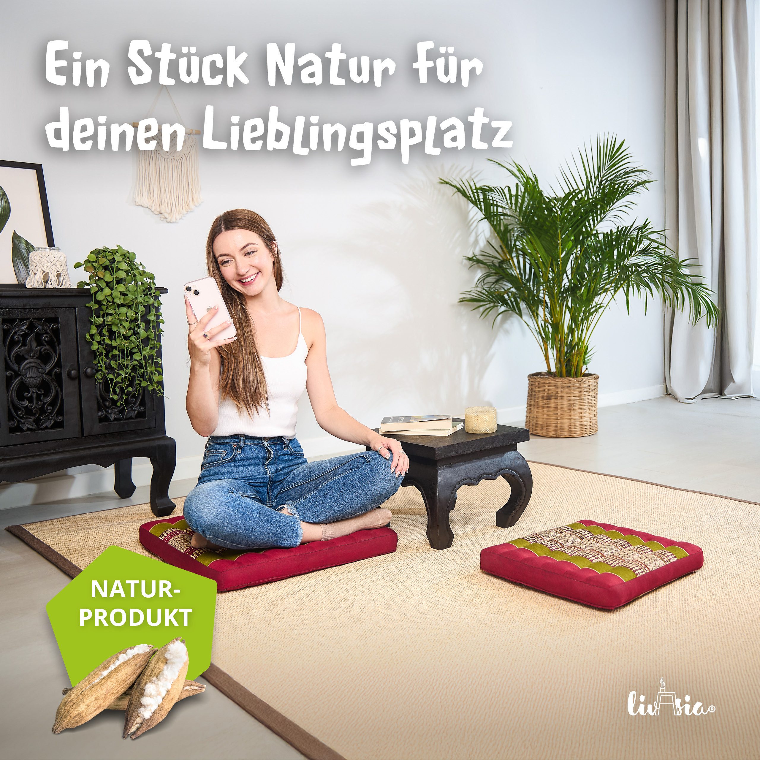 livasia Sitzkissen Sitzkissen 35 cm, vegan und handgefertigt, 35x35x6cm, Kapok