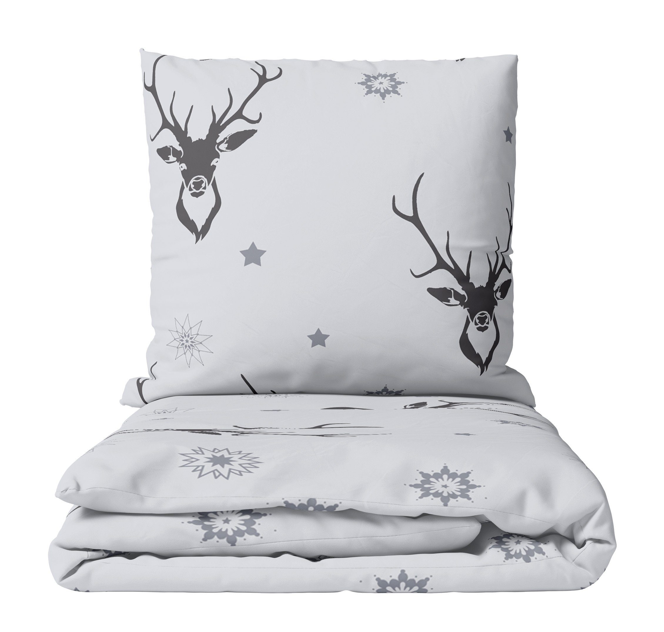 Leonado Vicenti Bettwäsche Winter flauschig warm, 2 teilig, Thermofleece kuschelig weich, Hirsche und Schneeflocken