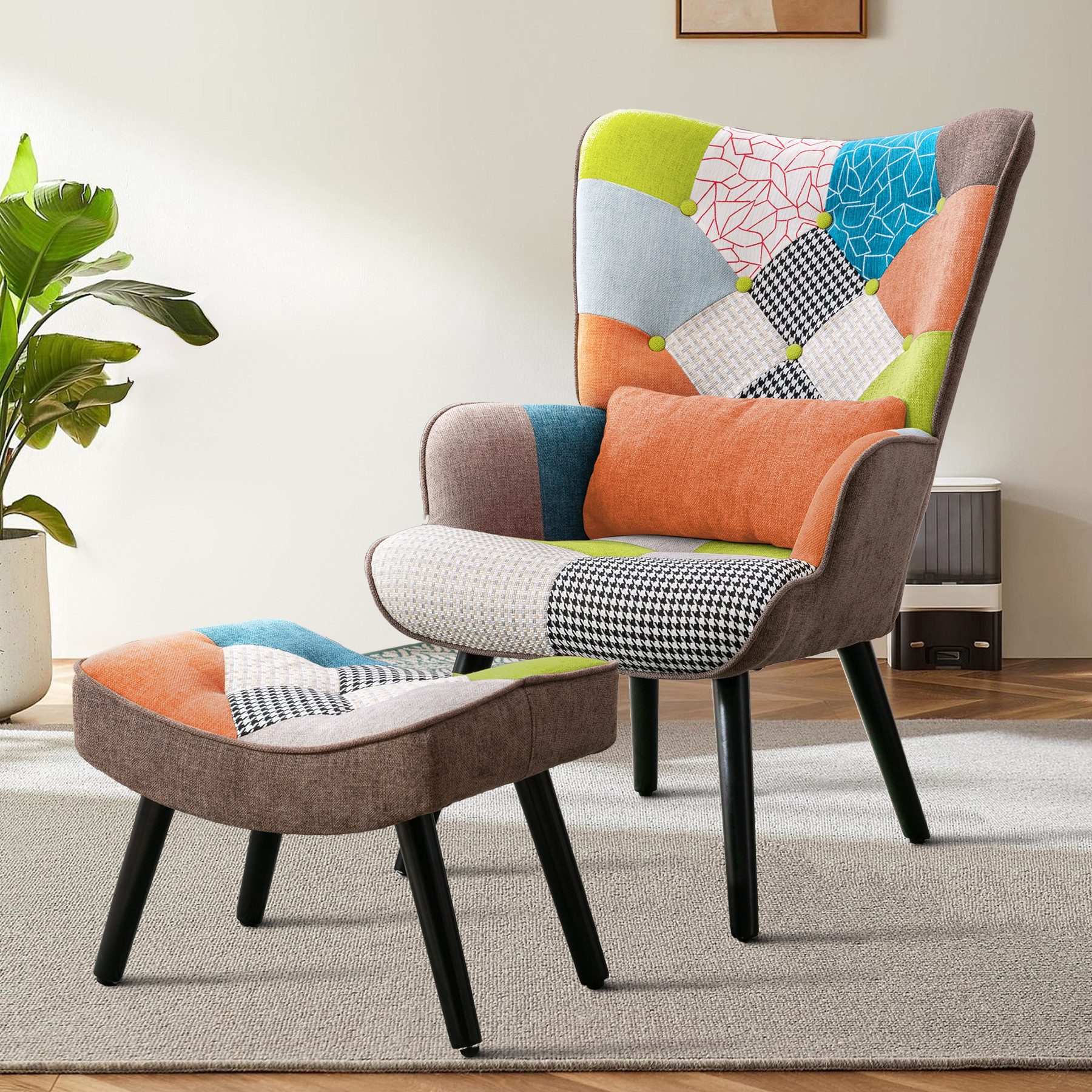 HomeMiYN Ohrensessel Relaxsessel Lehnstühle Patchwork Ohrensessel mit Hocke günstig online kaufen