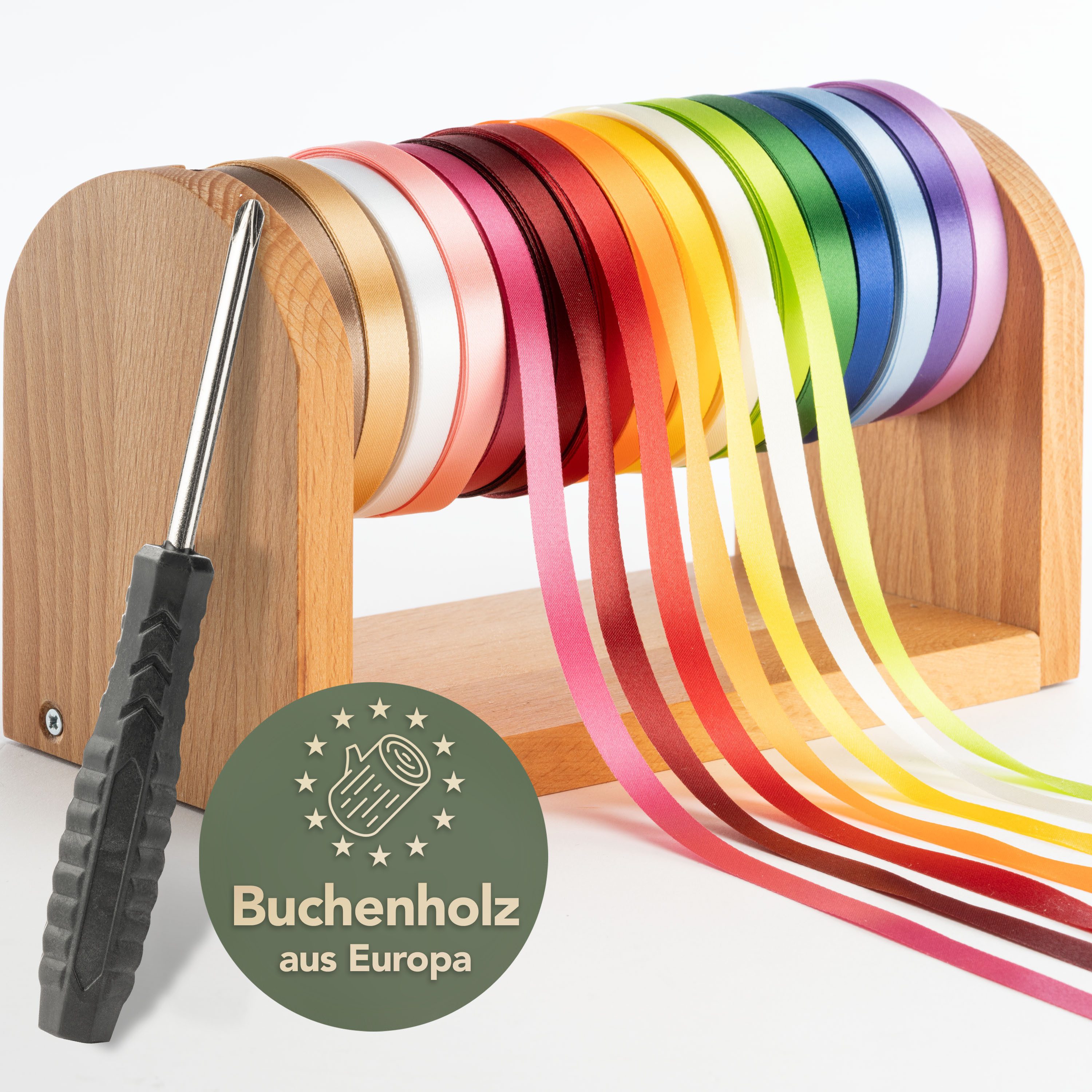 WIESEN.design Geschenkband Geschenkband Set, 16x Satinband inkl. Abroller (23mx10mm per Rolle), Bänder zum Basteln, Geschenkband Aufbewahrung, gratis Lieferung