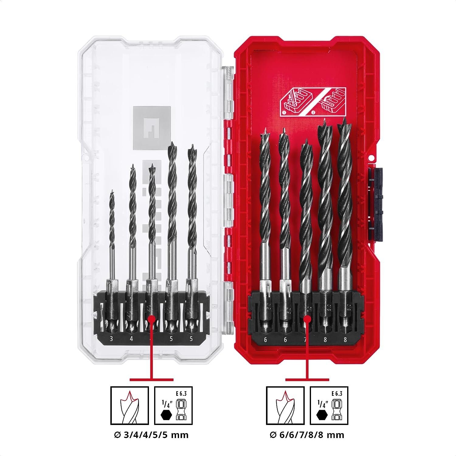 Einhell Bohrer- und Bitset Original Einhell S-CASE 10-tlg. Holzbohrer-Set (zweispiralig, aus roll, 10-St., S-CASE 10-tlg. Holzbohrer-Set, zweispiralig, aus C45 Werkzeugstahl