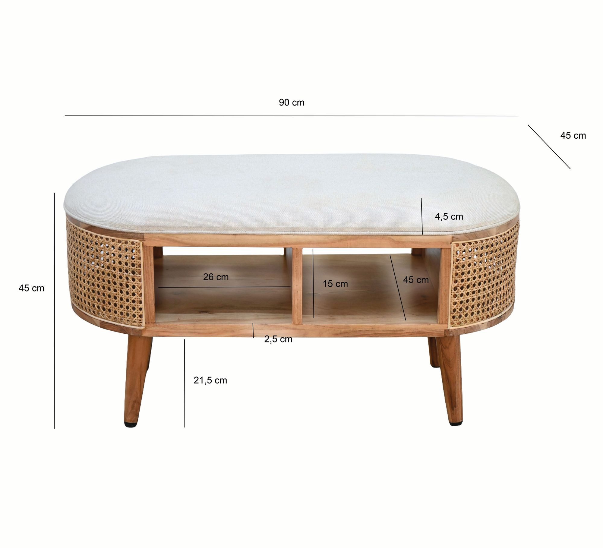 FINEBUY Sitzbank FB114016 Polsterbank aus Massivholz mit Stauraum und Wiener Geflecht (Komfortable Polsterbank für deinen Flur), Clevere Fächer für mehr Ordnung im Alltag