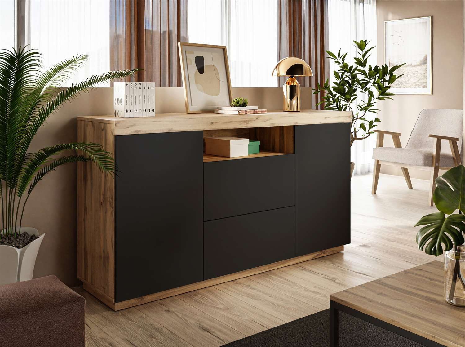 ALLHOUSE24 Kommode WIXI 164 cm Breite Sideboard matt Wotan Eiche PUSH TO OPEN (1x Kommode), Breite 164 cm