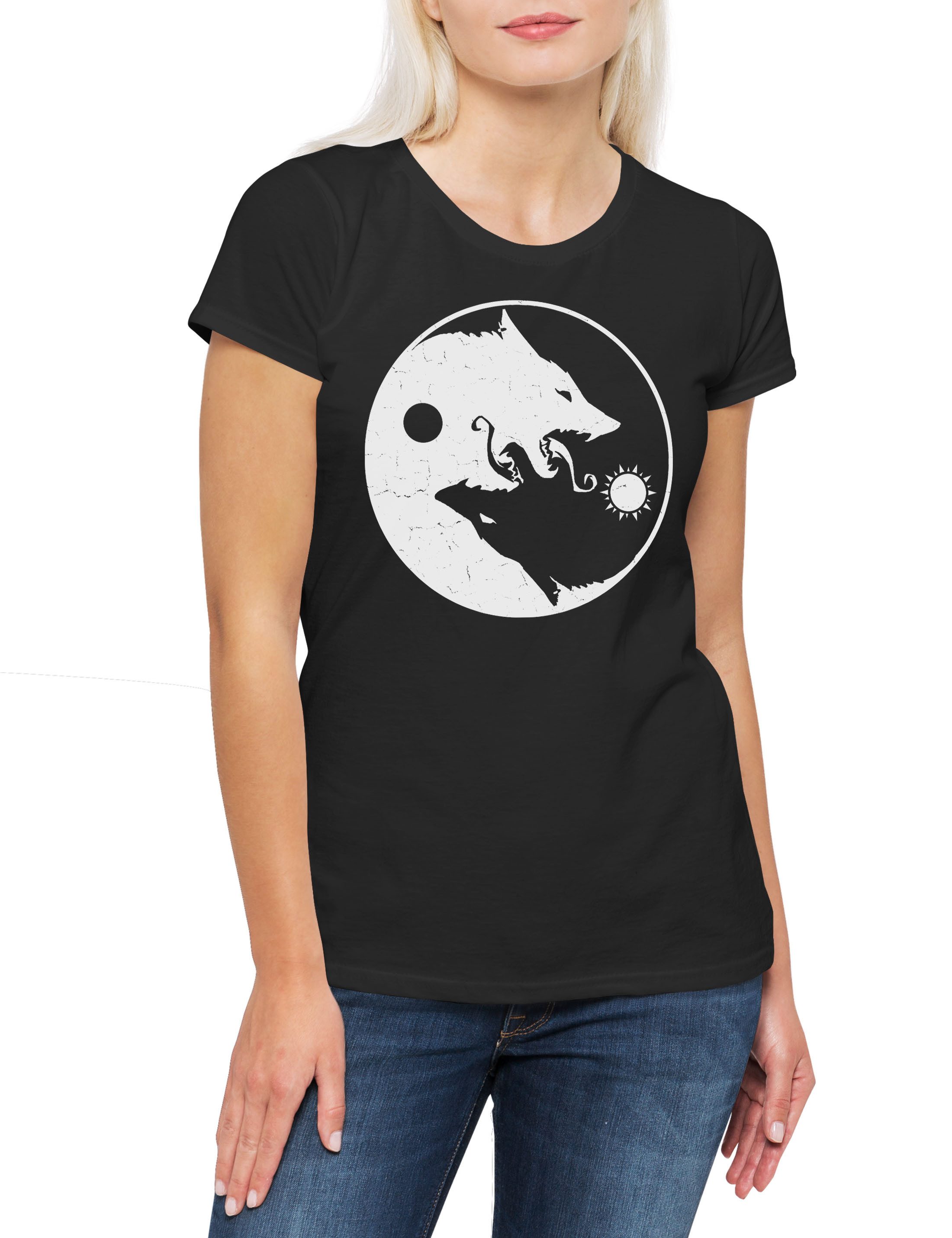 Print-Shirt Geri Freki Yin Yang II Damen T-Shirt Fenris Walhalla Odhin Wikinger