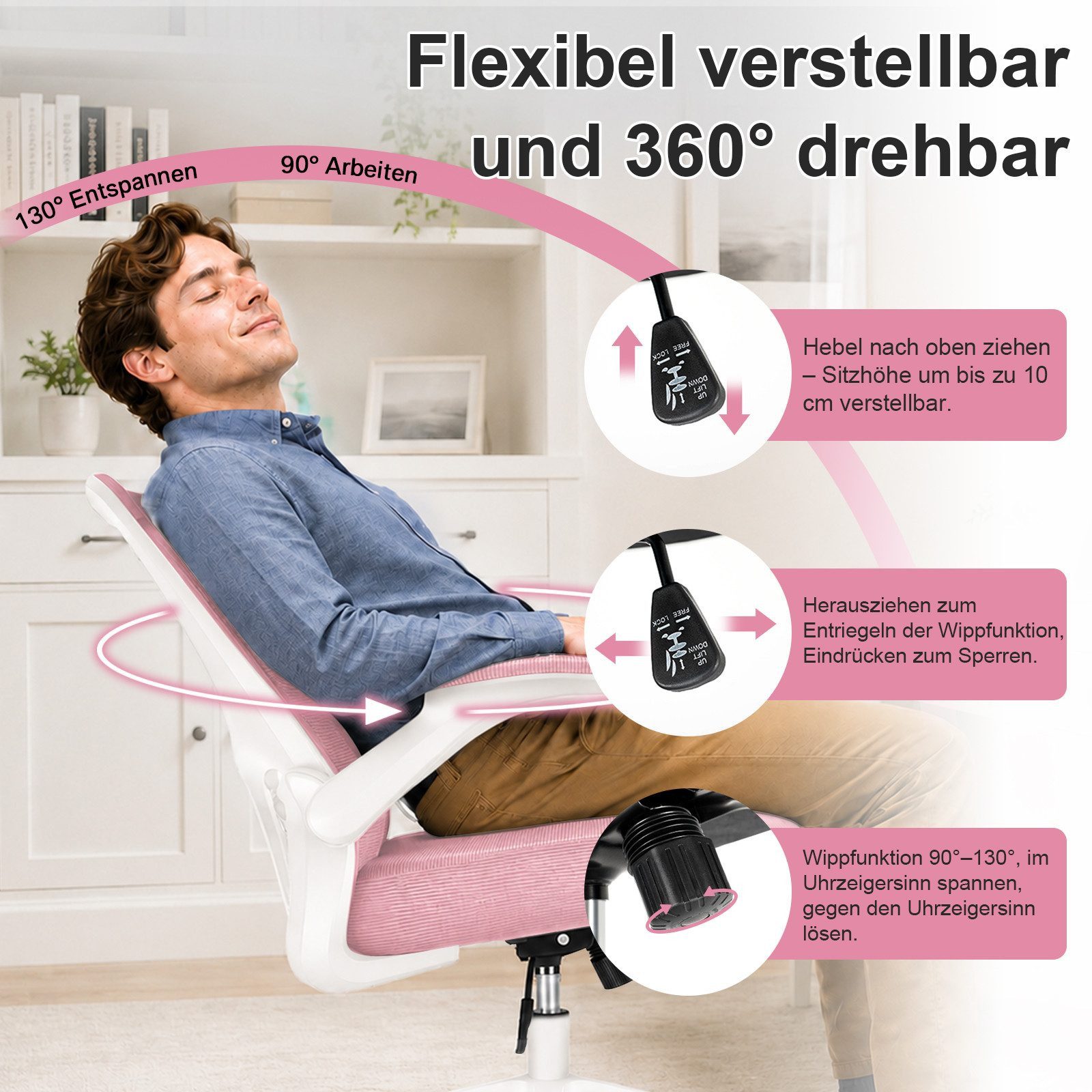 Durrafy Bürostuhl Ergonomischer Bürostuhl,Schreibtischstuhl mit klappbaren Armlehnen, Chefsessel mit 150 kg Tragfähigkeit – Bild 4 von 5