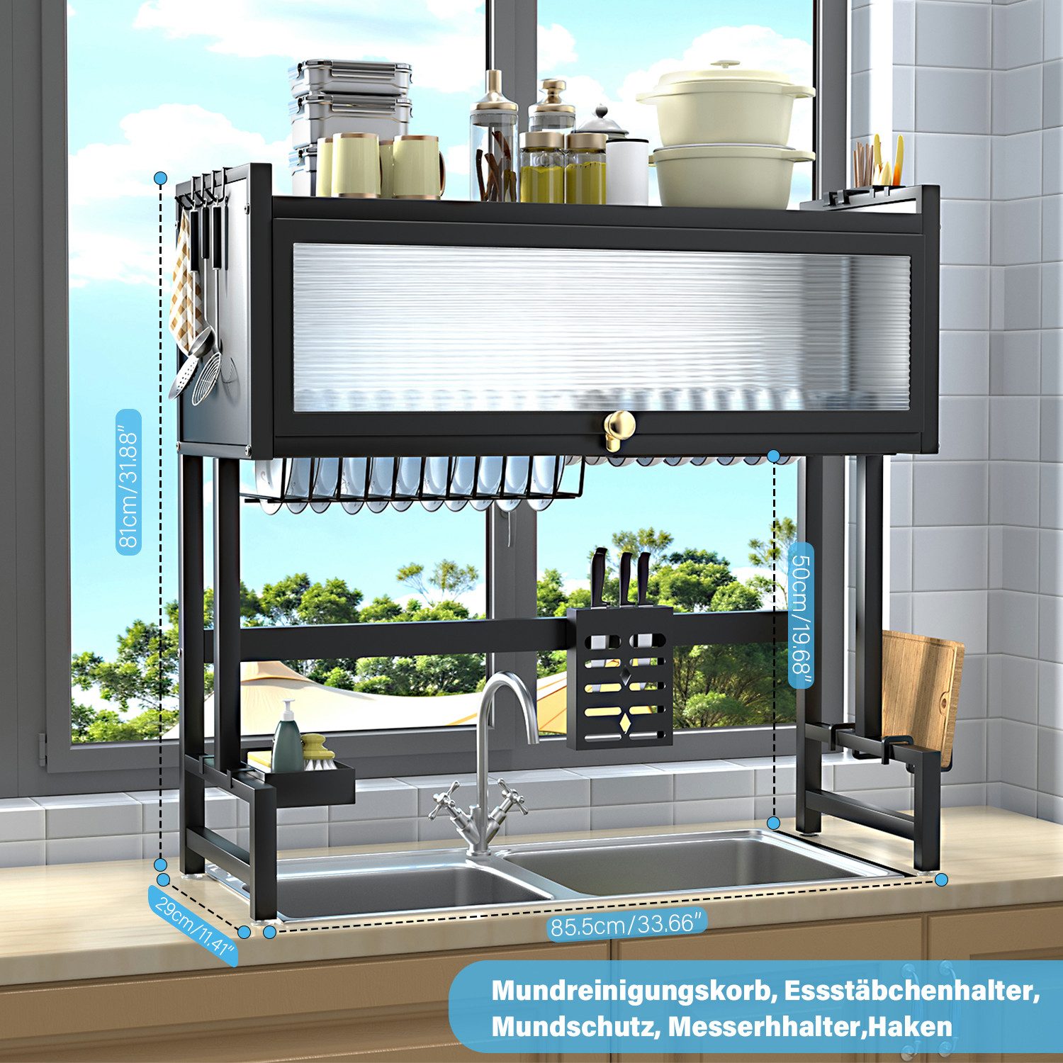 oyajia Geschirrständer Abtropfständer über der Spüle 85cm 3-stufiges Abtropfgestell Dish Rack, Küchen-Organizer mit Schranktür, Utensilienhalter, Hakenes, Stahl – Bild 2 von 5