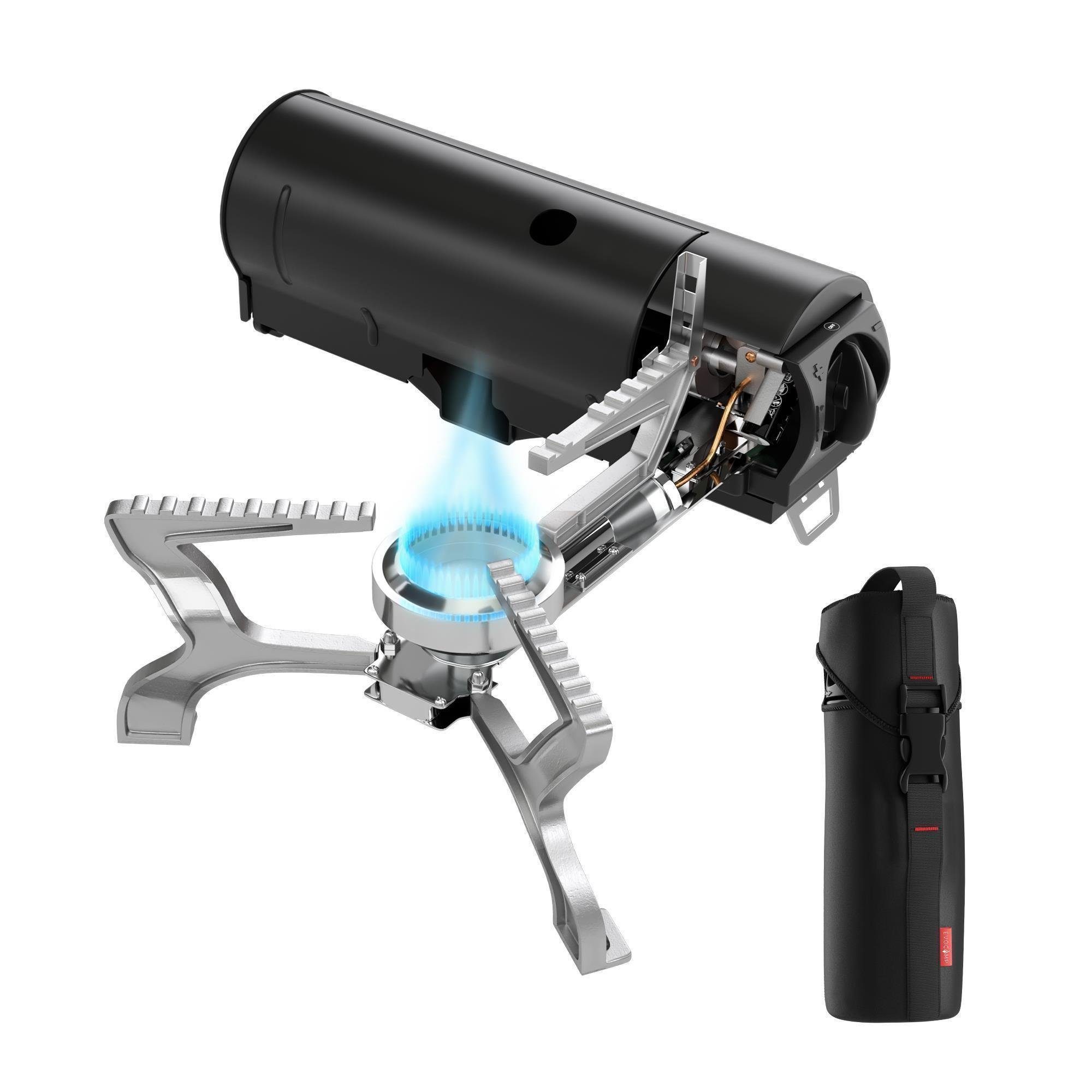 EVOCAMP Gaskocher faltbar, kompatibel mit 227g Gaskartuschen, inkl. Tragetasche, (inkl. Tragehülle), ohne Gaskartuschen ohne Wärmeleitblech