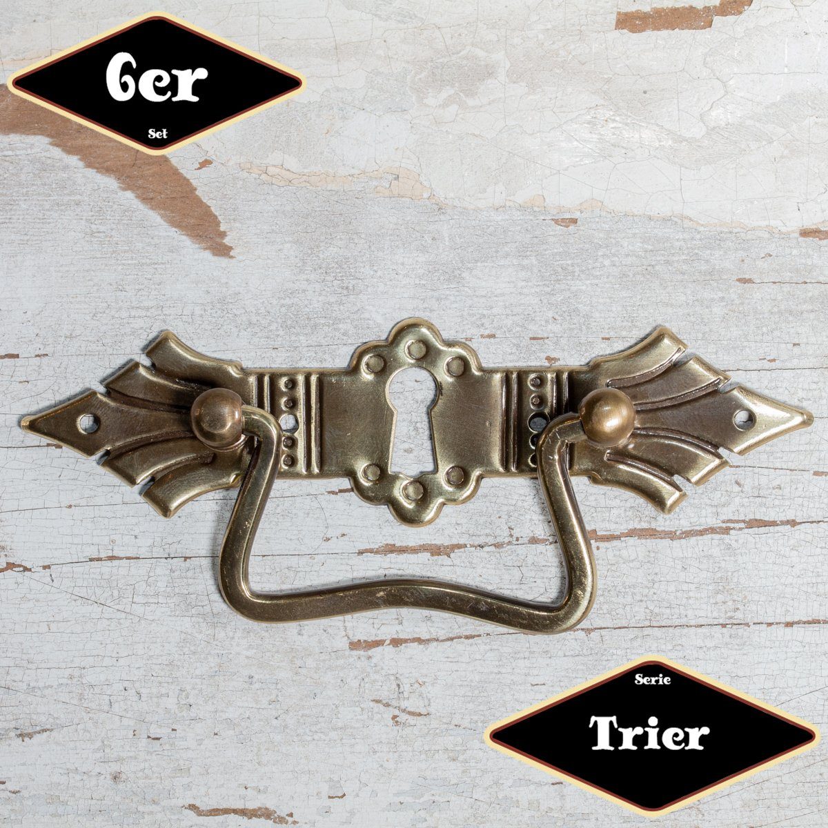 Antikas Möbelbeschlag Schubladengriff, Serie"Trier",6er Pack, Messing pat., H4,5xB12,5cm