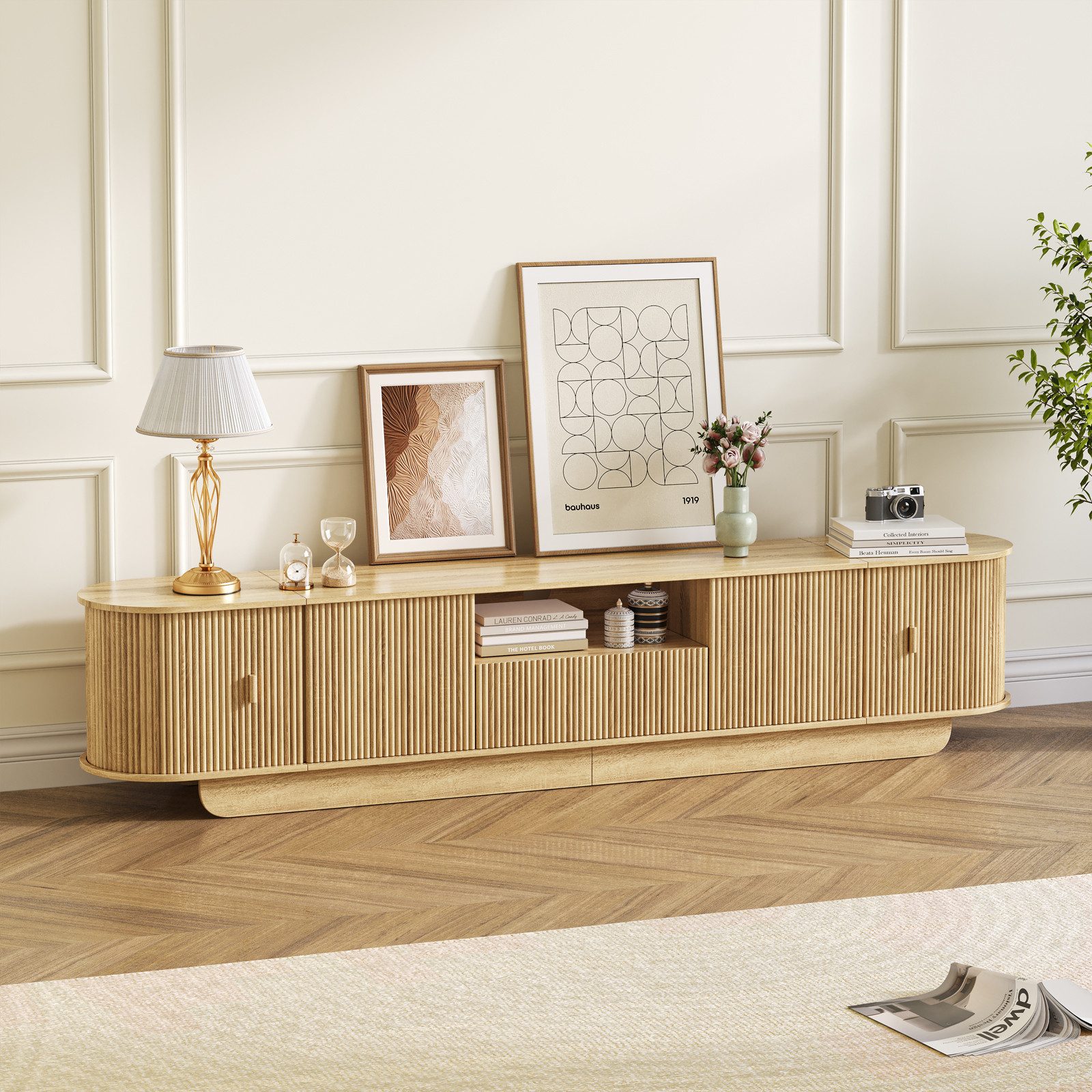 SVEYLXA TV-Schrank TV Lowboard mit gewellten Türen & Schublade im Mid-Centu günstig online kaufen