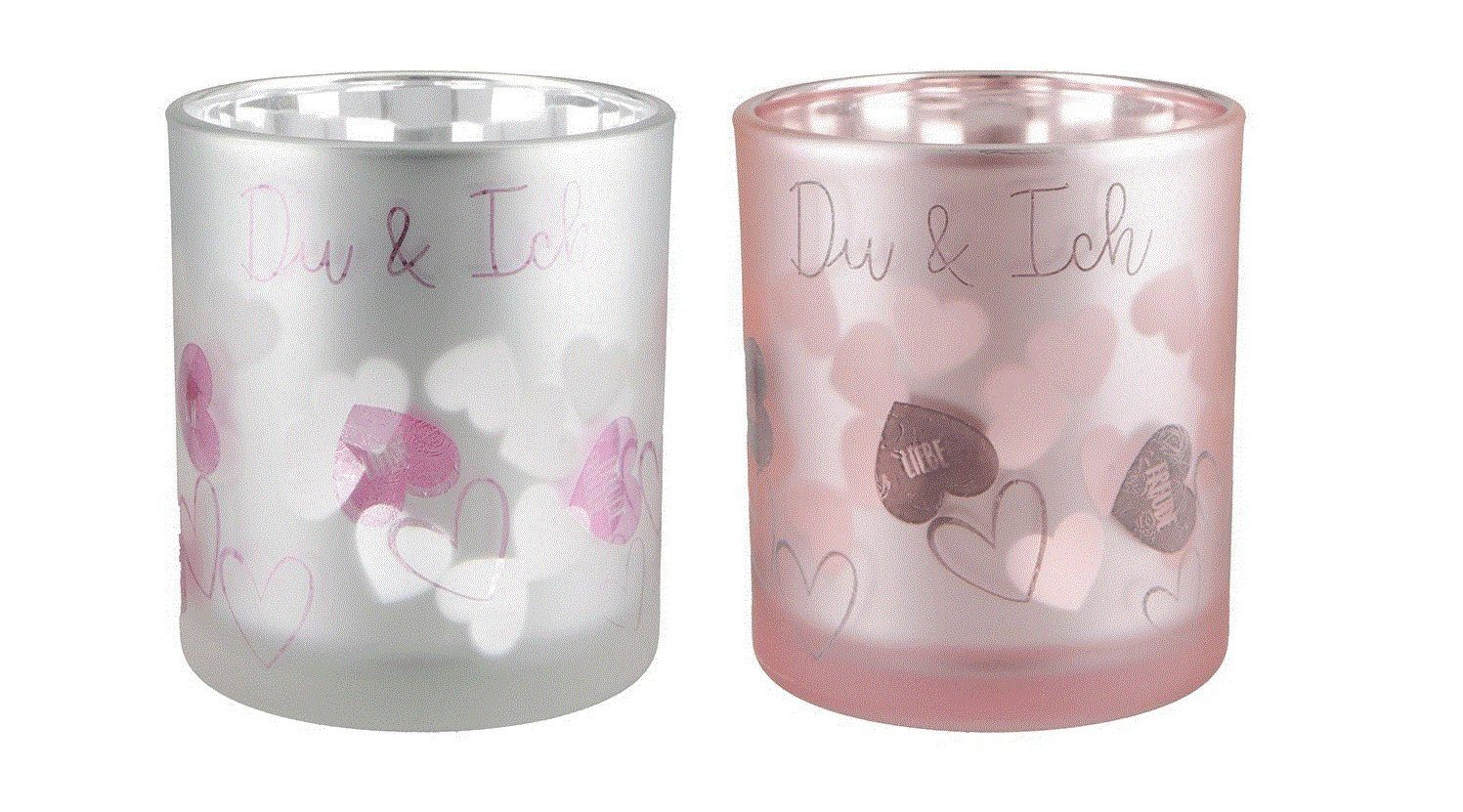 L, hoch, "Du&Ich" GILDE pink+silber Windlicht 18cm SET-Glas Größe Windlicht 2er