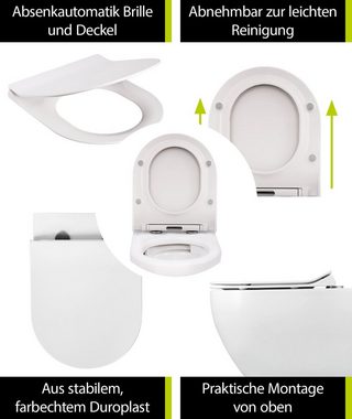 aquaSu Tiefspül-WC, Wandhängend, Abgang Waagerecht, Wand WC, spülrandlos, WC-Sitz mit Absenkautomatik, Duroplast, 049979