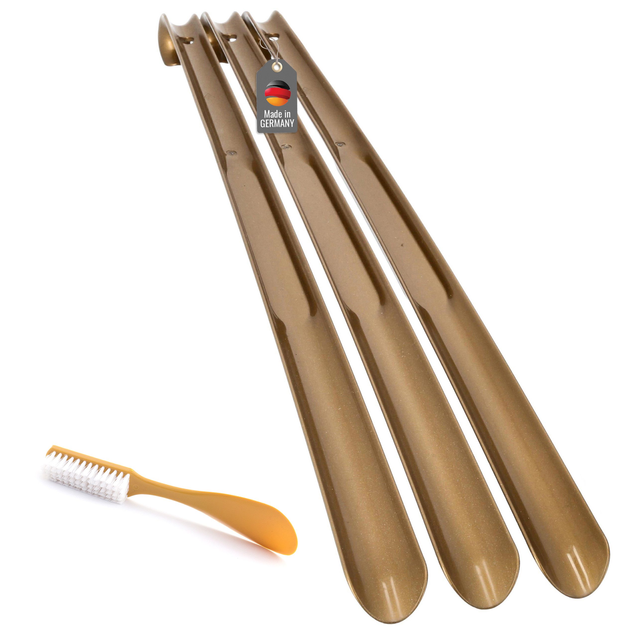 Lantelme Schuhlöffel 3 Stück 65cm und Schuhbürste im Set 4 Tlg. Schuhanzieher Kunststoff, Schuhanziehhilfe Deutsche Herstellung mit Farbauswahl